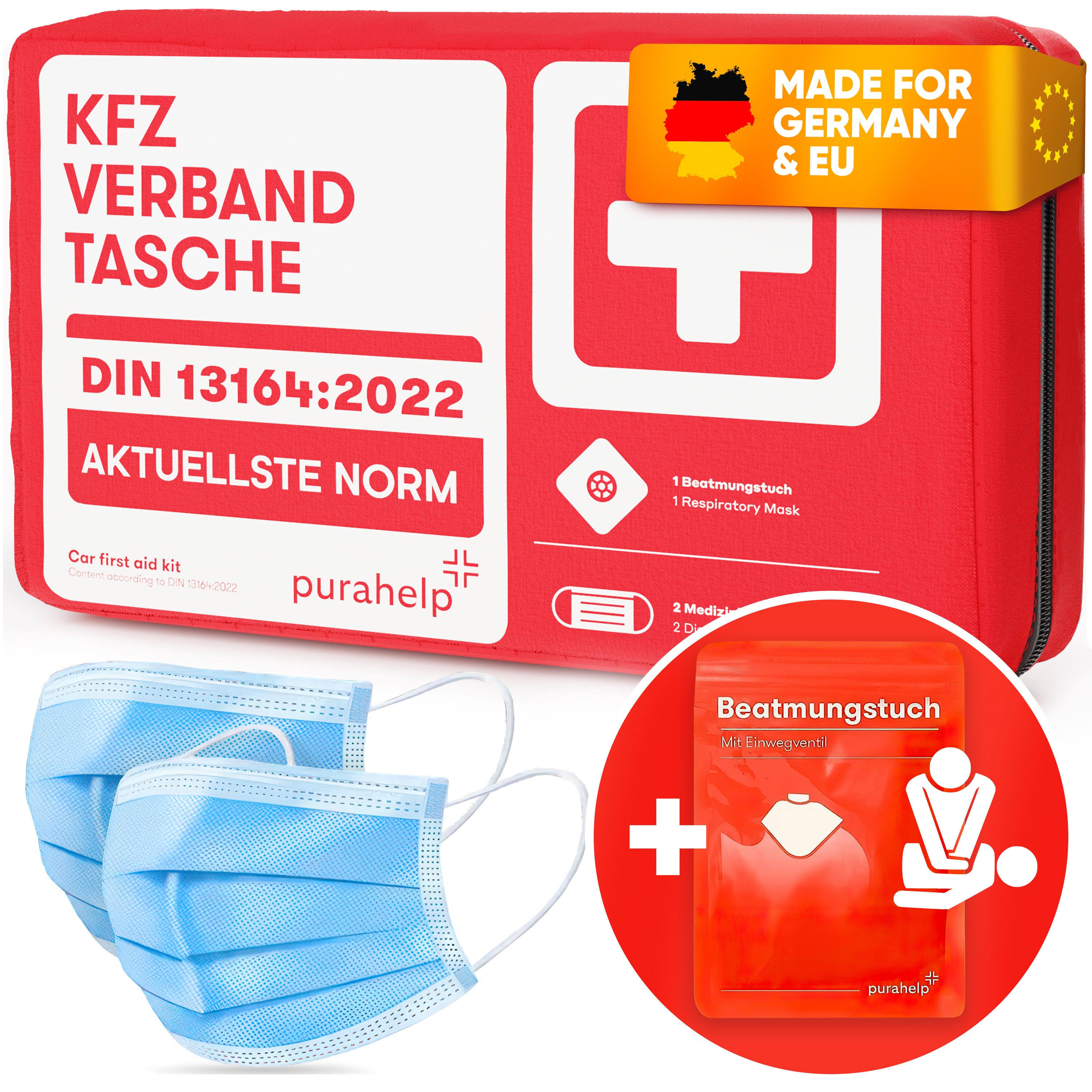 Purahelp KFZ Verbandstasche nach aktueller Norm inkl. 2 Atemschutzmasken und Beatmungstuch