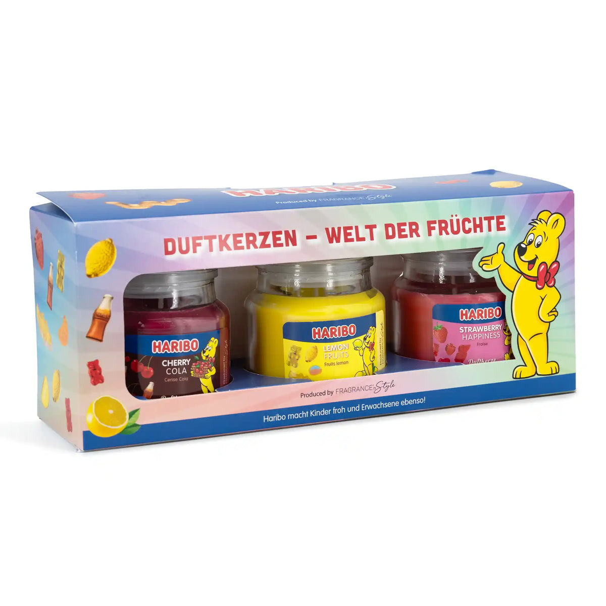 HARIBO Duftkerzen Geschenkset – 3 fruchtige Duftkerzen im Glas – Cherry Cola, Strawberry Happiness & Lemon Fruits – 3 x 85 g – Bis zu 27 Stunden Brenndauer – Geschenkidee
