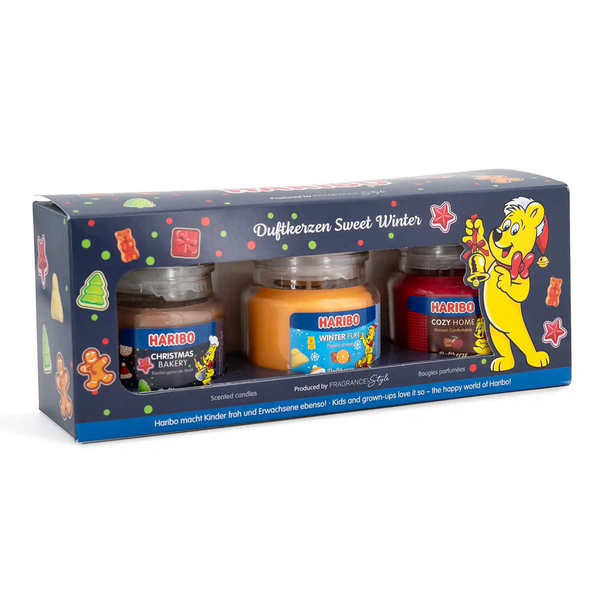 HARIBO Sweet Winter Duftkerzen Geschenkset – 3 Duftkerzen im Glas à 85 g – Christmas Bakery, Winter Fun & Cozy Home – Weihnachtsgeschenk