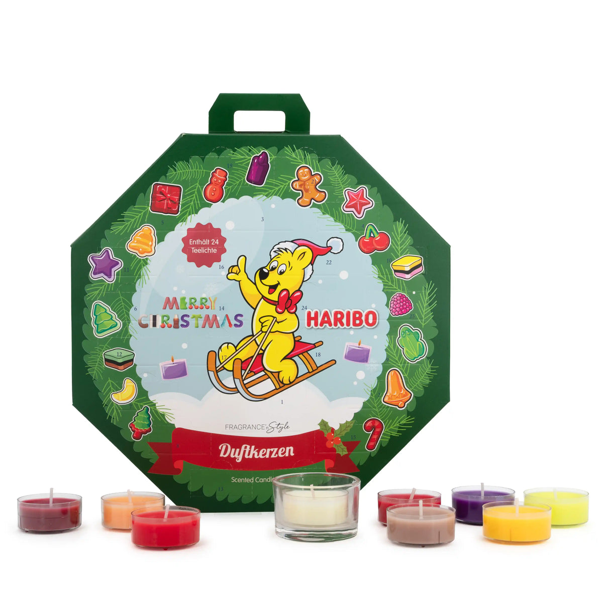 HARIBO Adventskalender mit 24 Duft-Teelichtern – Duftkerzen Weihnachtskalender mit Sommer- & Winterdüften – Geschenkidee für Erwachsene