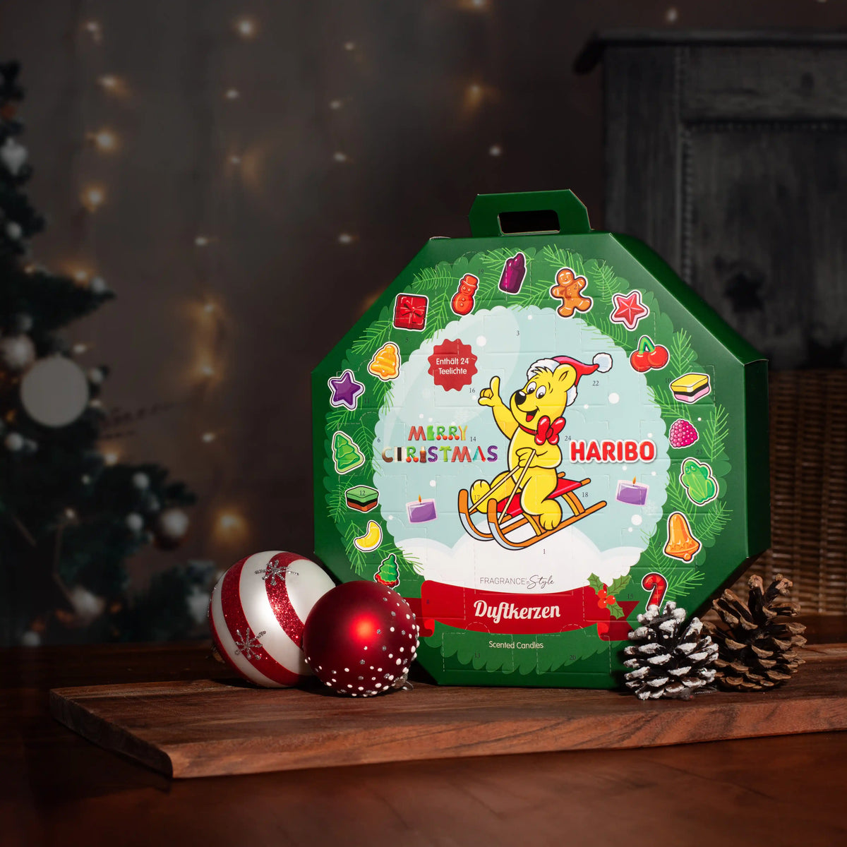 HARIBO Adventskalender mit 24 Duft-Teelichtern – Duftkerzen Weihnachtskalender mit Sommer- & Winterdüften – Geschenkidee für Erwachsene