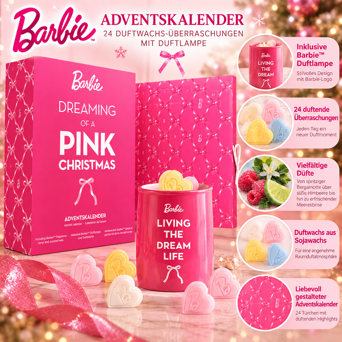 Barbie Adventskalender mit Duftlampe & 24 Duftwachs Wax Melts – Duftwachs Adventskalender aus Sojawachs mit fruchtig-frischen Düften – Weihnachtsgeschenk für Barbie-Fans