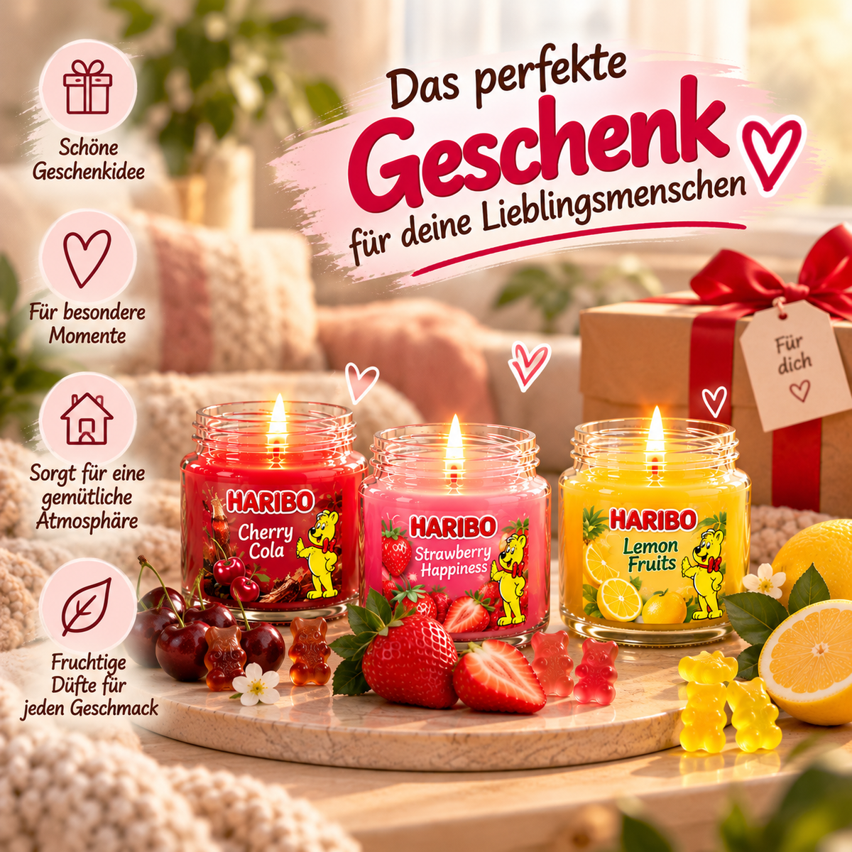 HARIBO Duftkerzen Geschenkset – 3 fruchtige Duftkerzen im Glas – Cherry Cola, Strawberry Happiness & Lemon Fruits – 3 x 85 g – Bis zu 27 Stunden Brenndauer – Geschenkidee