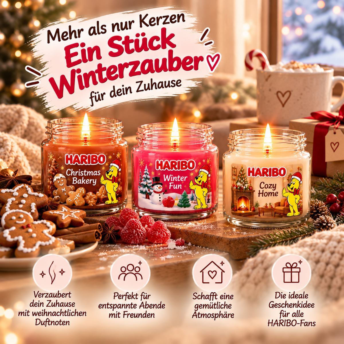 HARIBO Sweet Winter Duftkerzen Geschenkset – 3 Duftkerzen im Glas à 85 g – Christmas Bakery, Winter Fun & Cozy Home – Weihnachtsgeschenk