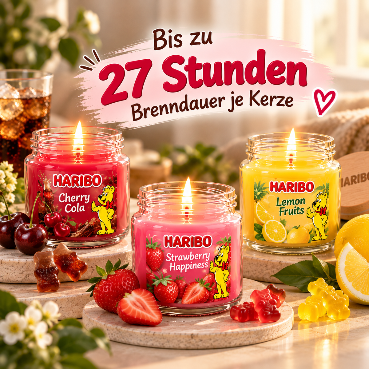 HARIBO Duftkerzen Geschenkset – 3 fruchtige Duftkerzen im Glas – Cherry Cola, Strawberry Happiness & Lemon Fruits – 3 x 85 g – Bis zu 27 Stunden Brenndauer – Geschenkidee