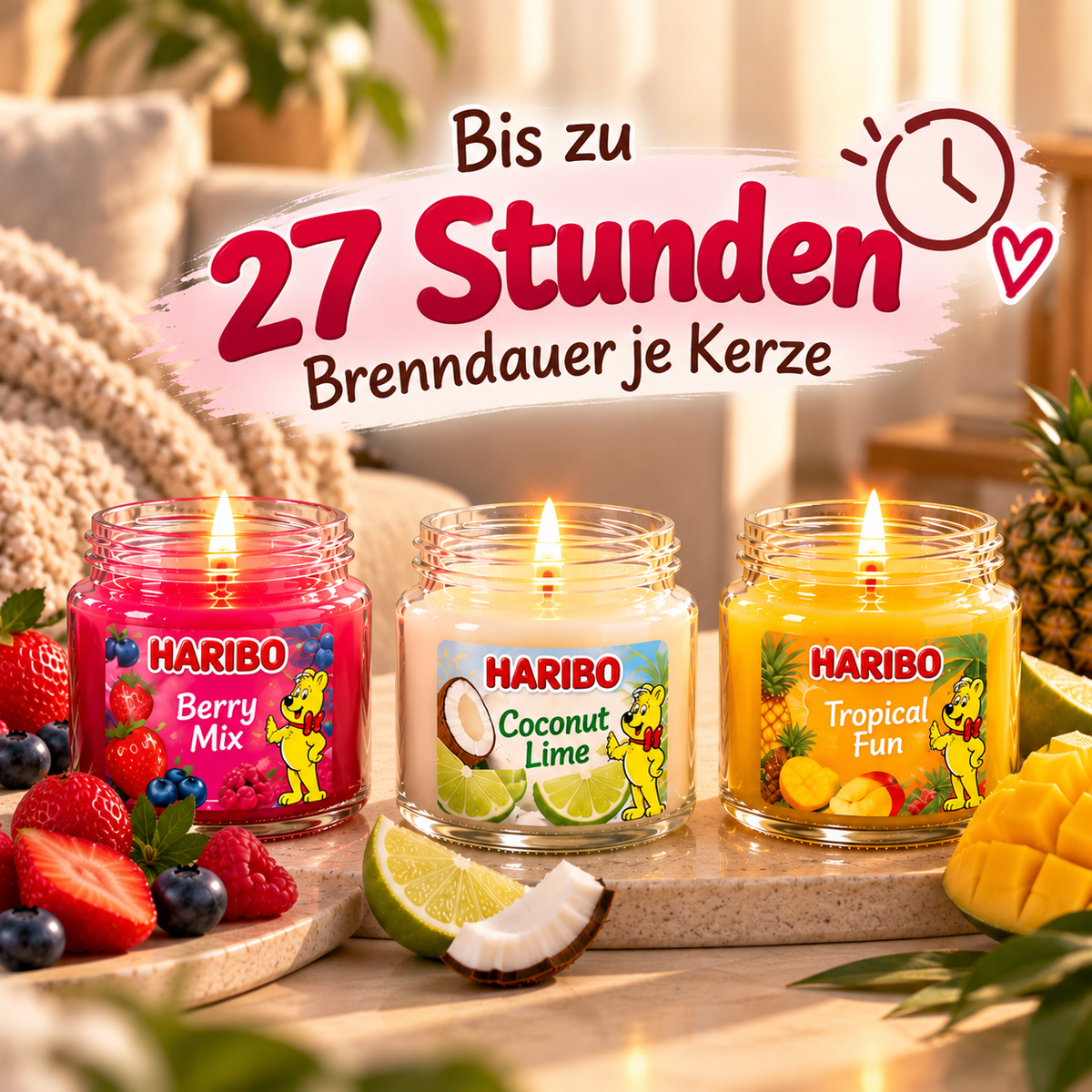 HARIBO Frucht Power Duftkerzen Geschenkset – 3 fruchtige Duftkerzen im Glas à 85 g – Berry Mix, Coconut Lime & Tropical Fun – Bis zu 27 Stunden Brenndauer – Geschenk für Frauen