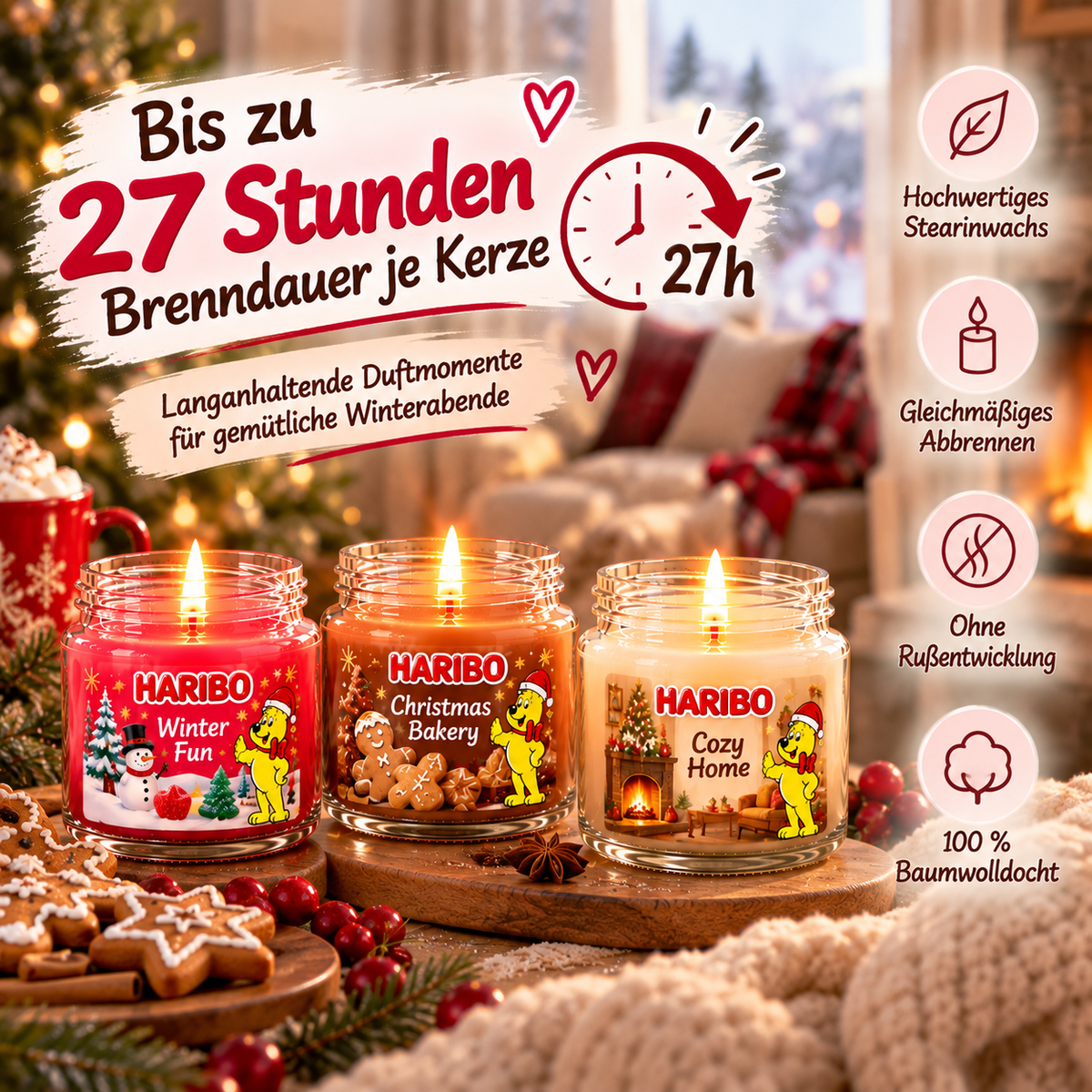 HARIBO Sweet Winter Duftkerzen Geschenkset – 3 Duftkerzen im Glas à 85 g – Christmas Bakery, Winter Fun & Cozy Home – Weihnachtsgeschenk