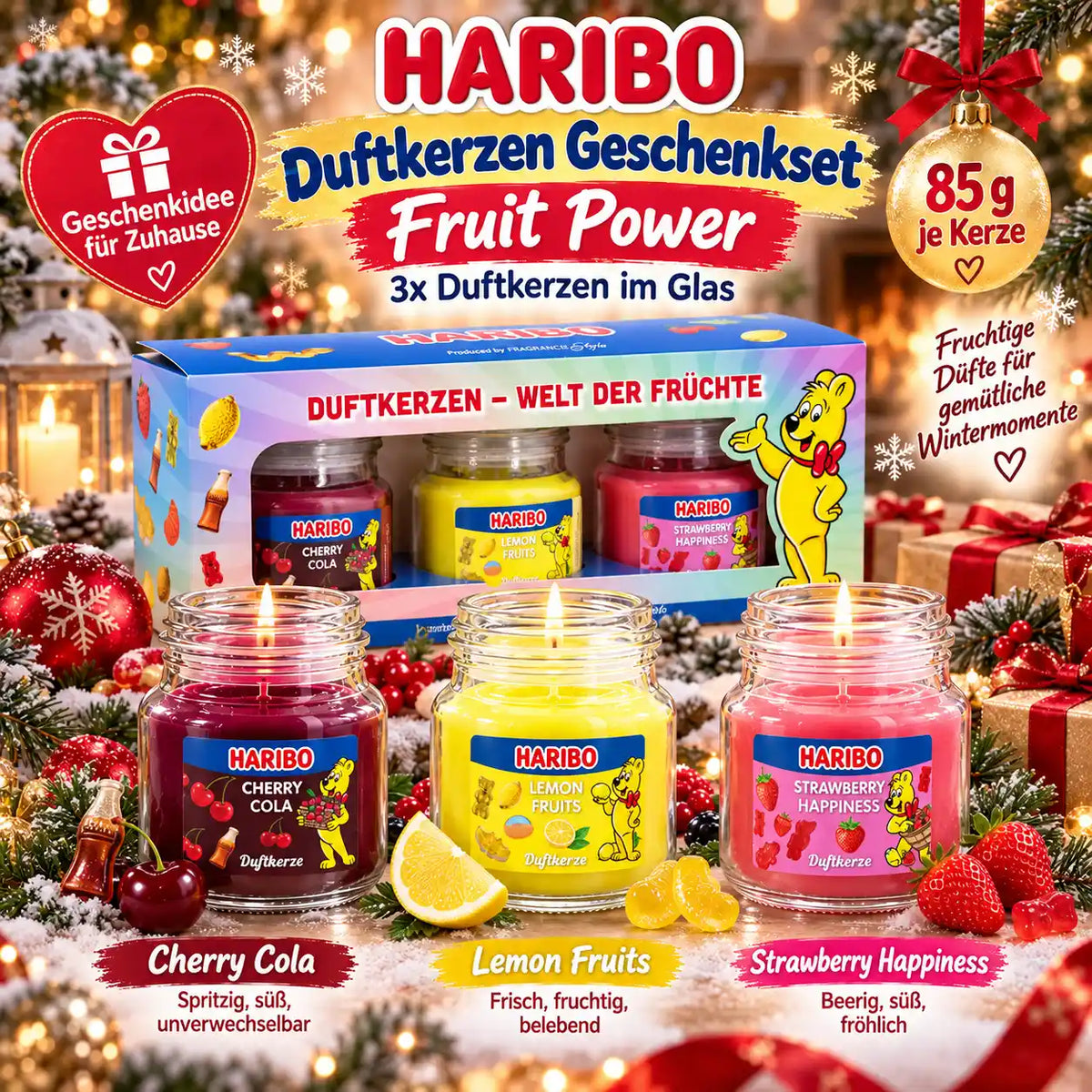 HARIBO Duftkerzen Geschenkset – 3 fruchtige Duftkerzen im Glas – Cherry Cola, Strawberry Happiness & Lemon Fruits – 3 x 85 g – Bis zu 27 Stunden Brenndauer – Geschenkidee