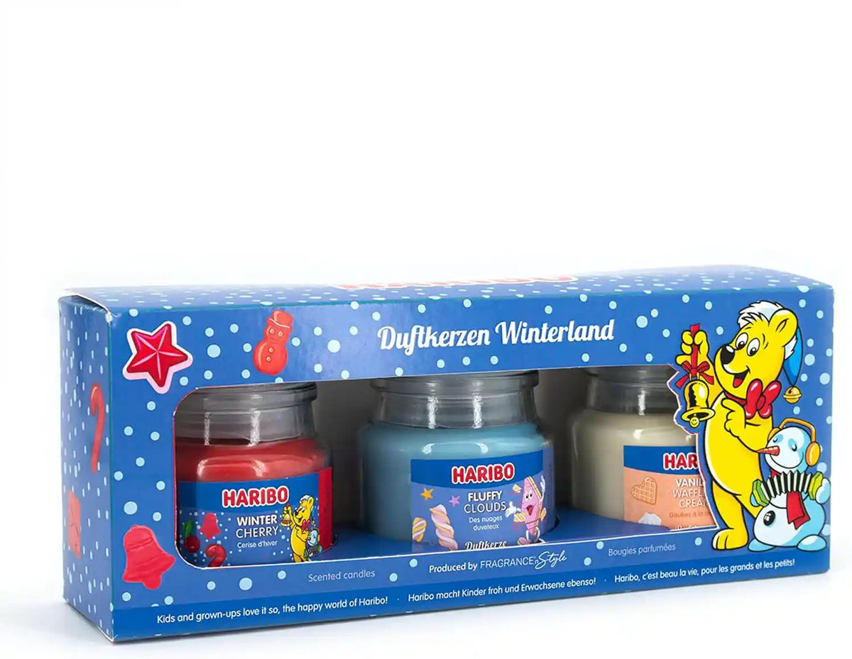 HARIBO Winterland Duftkerzen Geschenkset – 3 Duftkerzen im Glas à 85 g – Winter Cherry, Fluffy Clouds & Vanilla Waffle & Cream – Weihnachtsgeschenk
