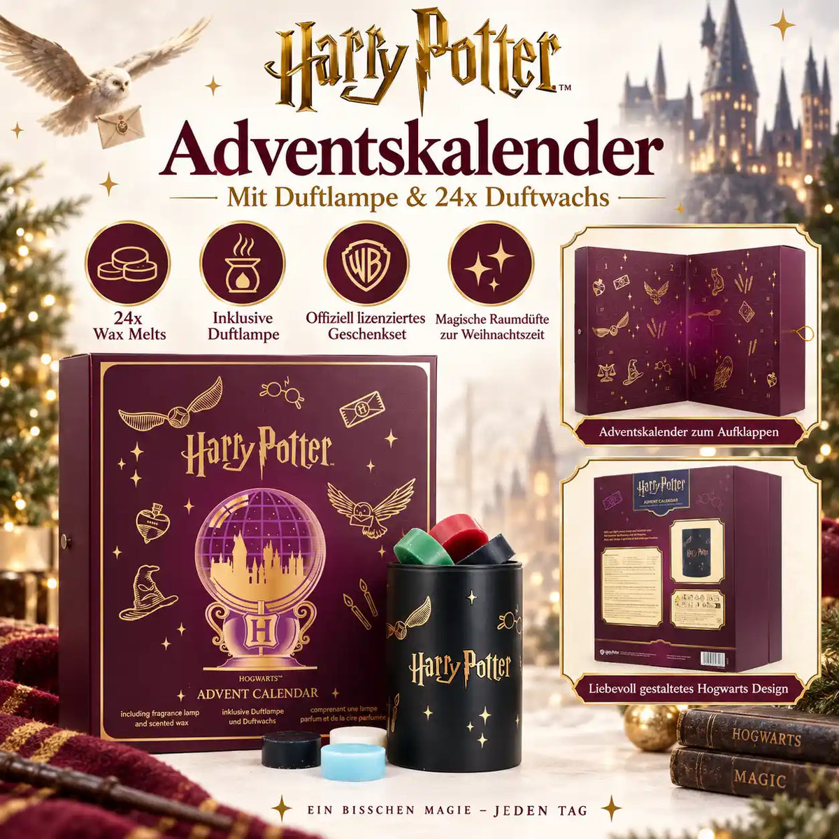 Harry Potter Adventskalender 2026 mit Duftlampe & 24 Duftwachs Wax Melts – Hogwarts Weihnachtskalender für Erwachsene & Fans – Offiziell lizenziertes Geschenkset