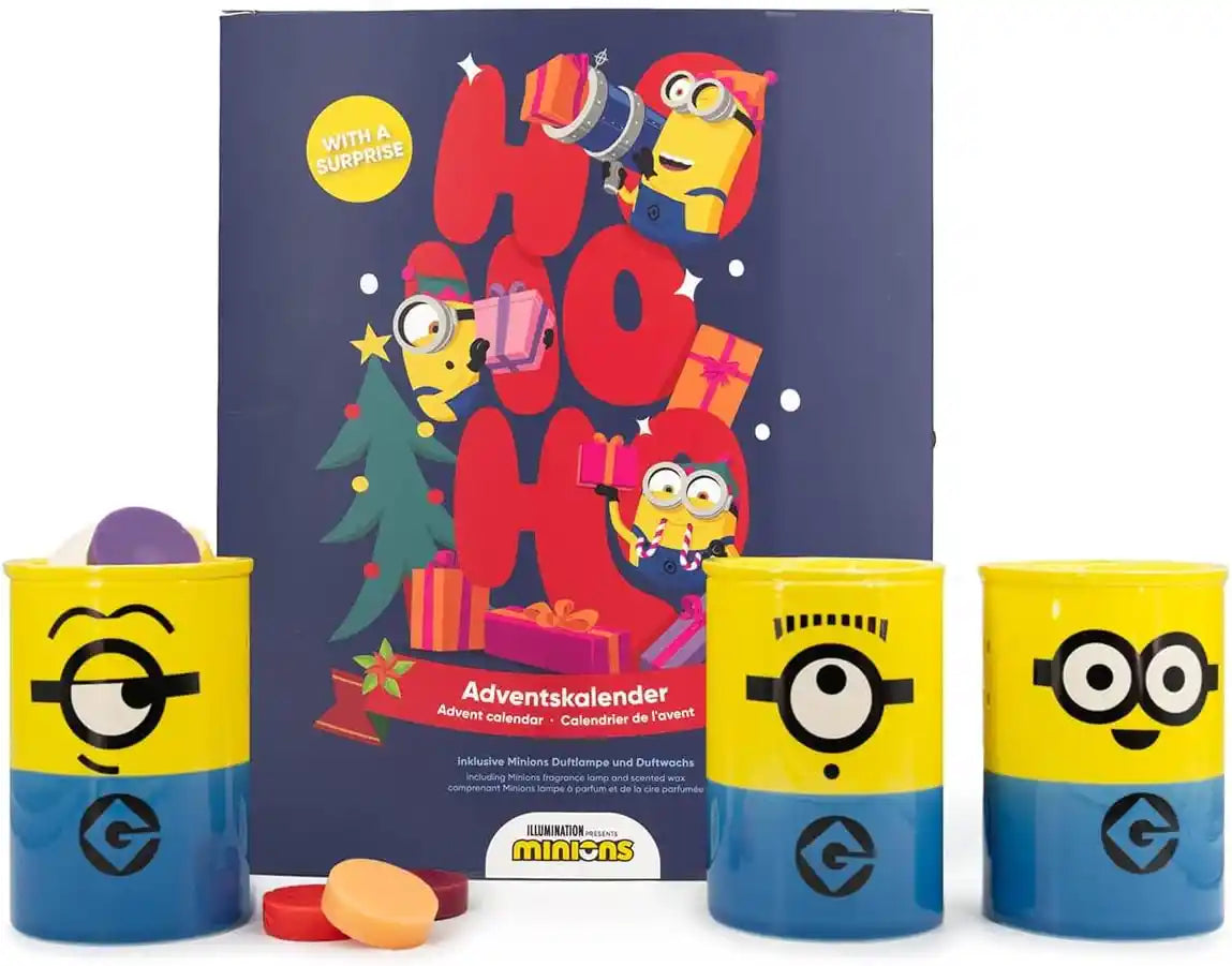 Minions Adventskalender mit Duftlampe & 24 Duftwachs-Würfeln – 12 verschiedene Düfte, Wax Melts mit Minions Keramik-Duftlampe – Weihnachtsgeschenk für Minions-Fans