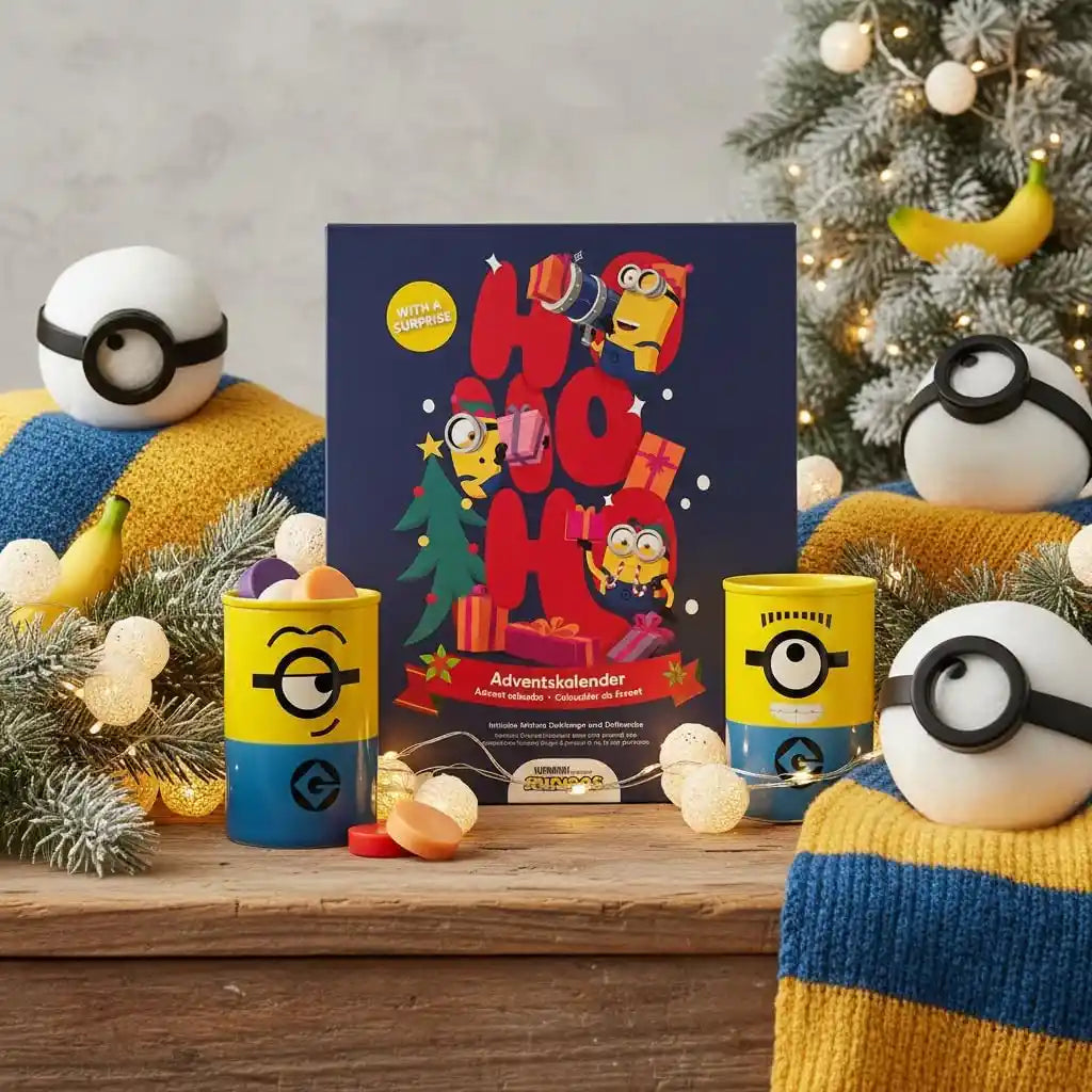 Minions Adventskalender mit Duftlampe & 24 Duftwachs-Würfeln – 12 verschiedene Düfte, Wax Melts mit Minions Keramik-Duftlampe – Weihnachtsgeschenk für Minions-Fans
