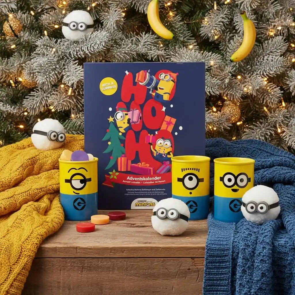 Minions Adventskalender mit Duftlampe & 24 Duftwachs-Würfeln – 12 verschiedene Düfte, Wax Melts mit Minions Keramik-Duftlampe – Weihnachtsgeschenk für Minions-Fans