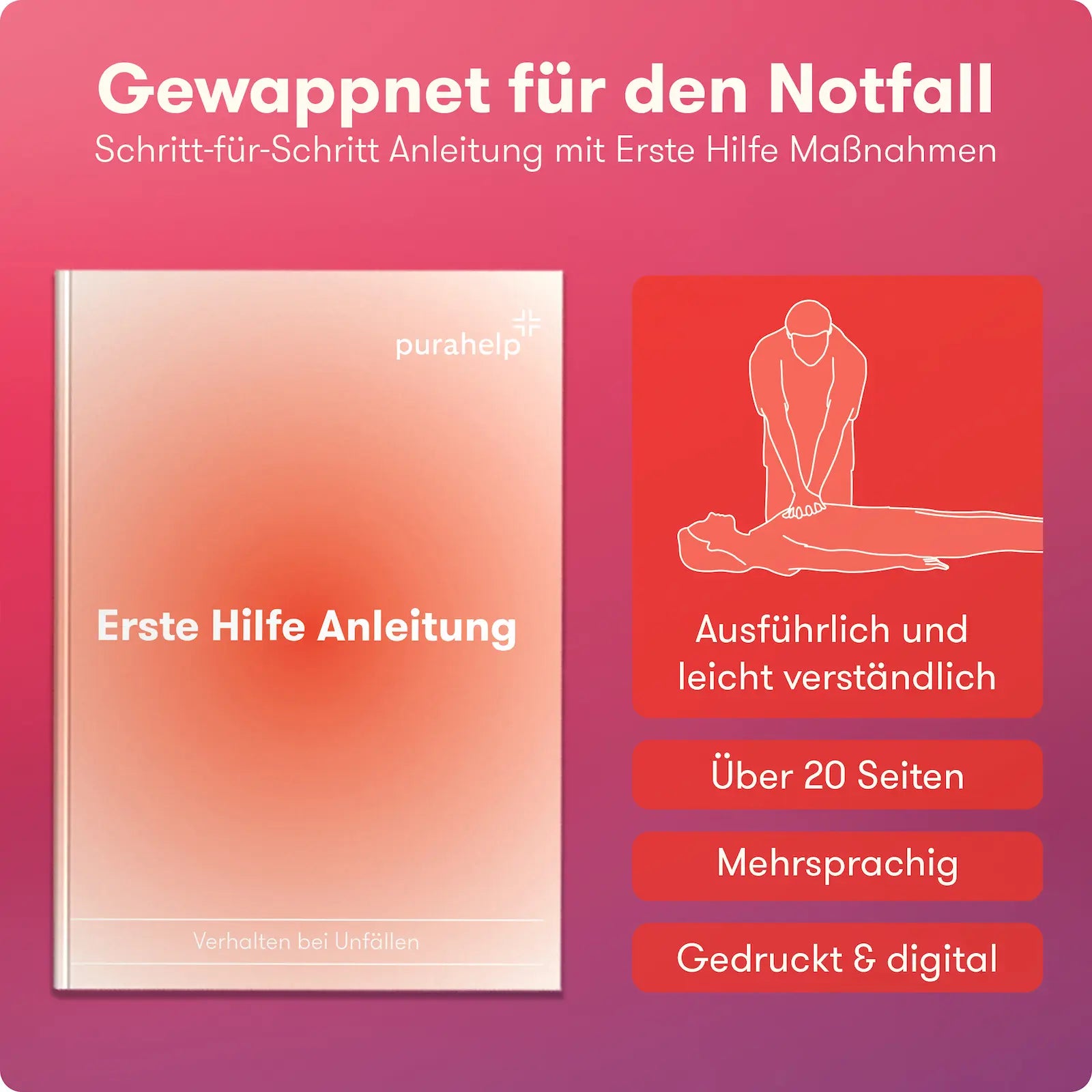 Mehrsprachige Erste-Hilfe-Anleitung für Outdoor-Notfälle, gedruckt & digital
