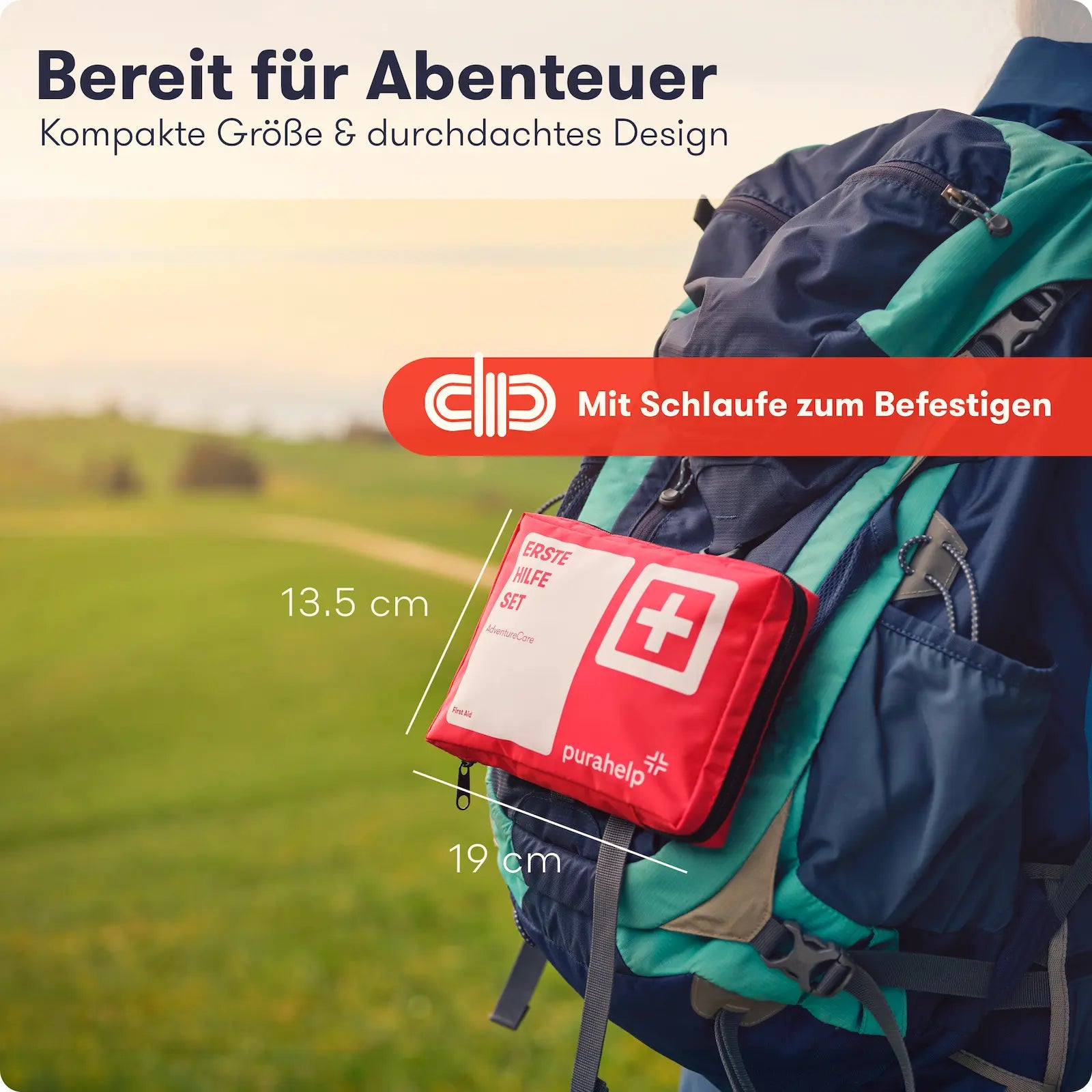 Kompaktes Erste-Hilfe-Set mit Schlaufe am Rucksack befestigt – Maße 19x13,5 cm