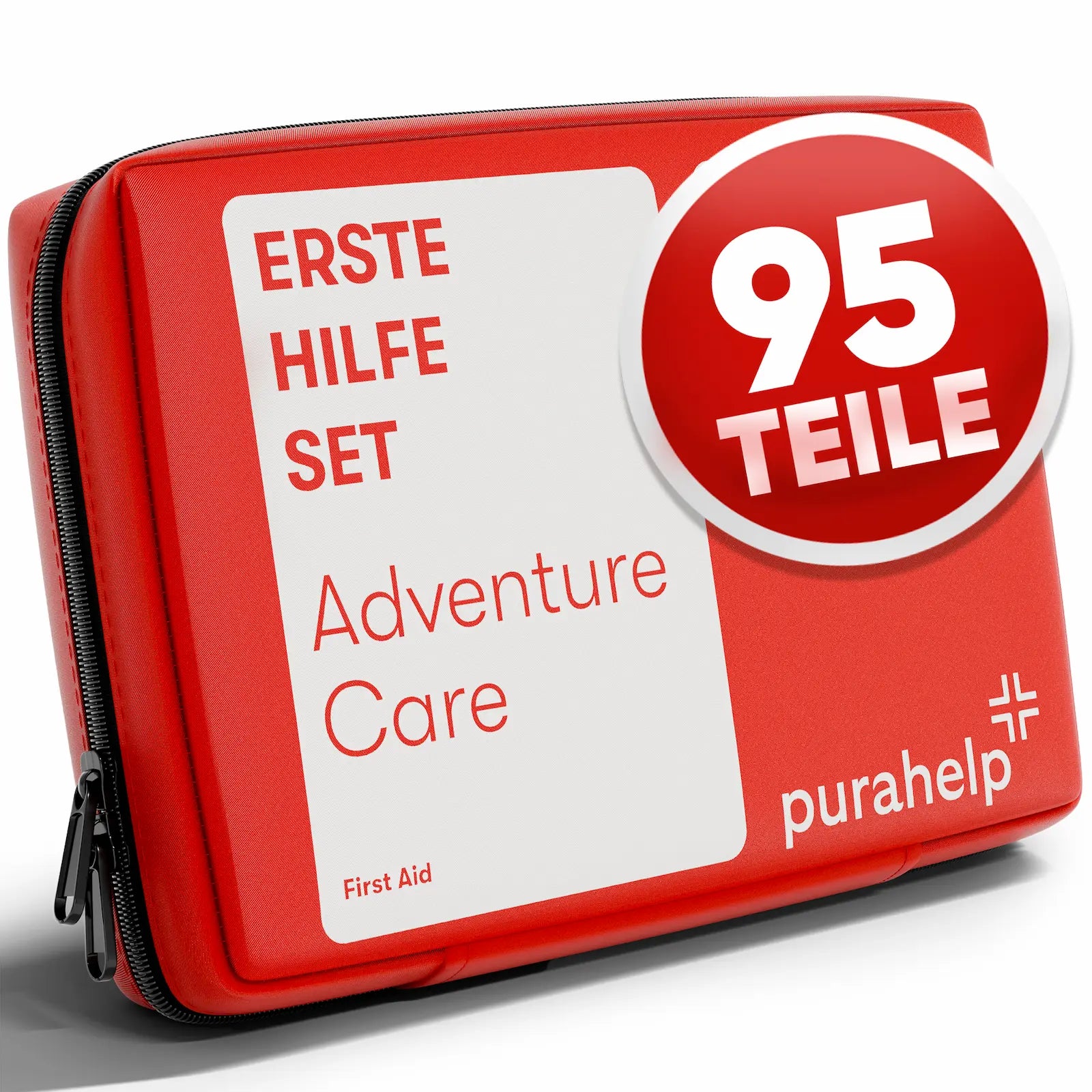 Nahaufnahme des kompakten Erste-Hilfe-Sets von Purahelp mit 95 Teilen