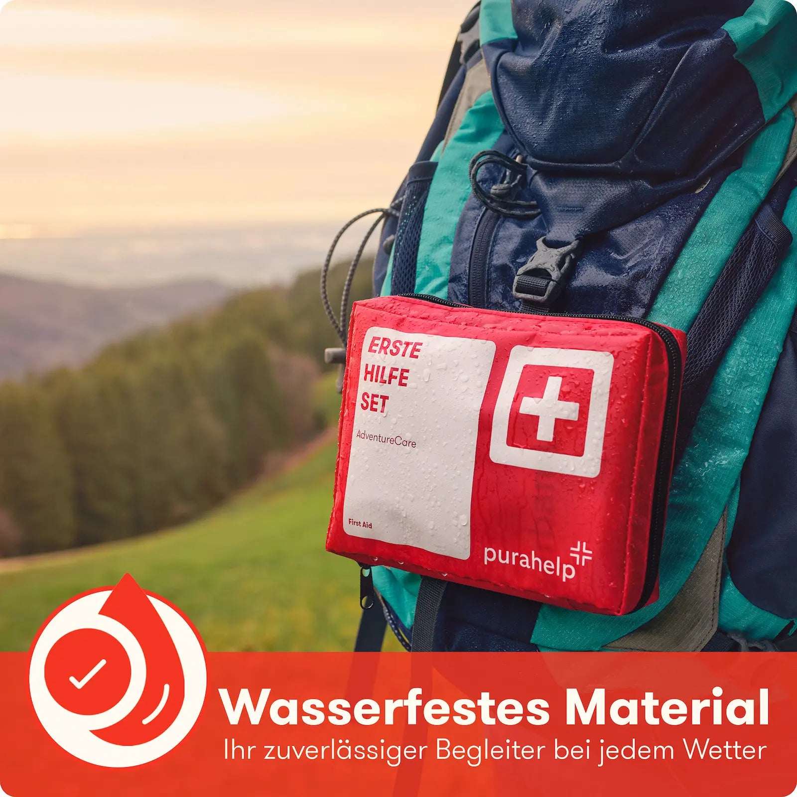 Wasserdichtes Erste-Hilfe-Set am Wanderrucksack – ideal für jedes Wetter