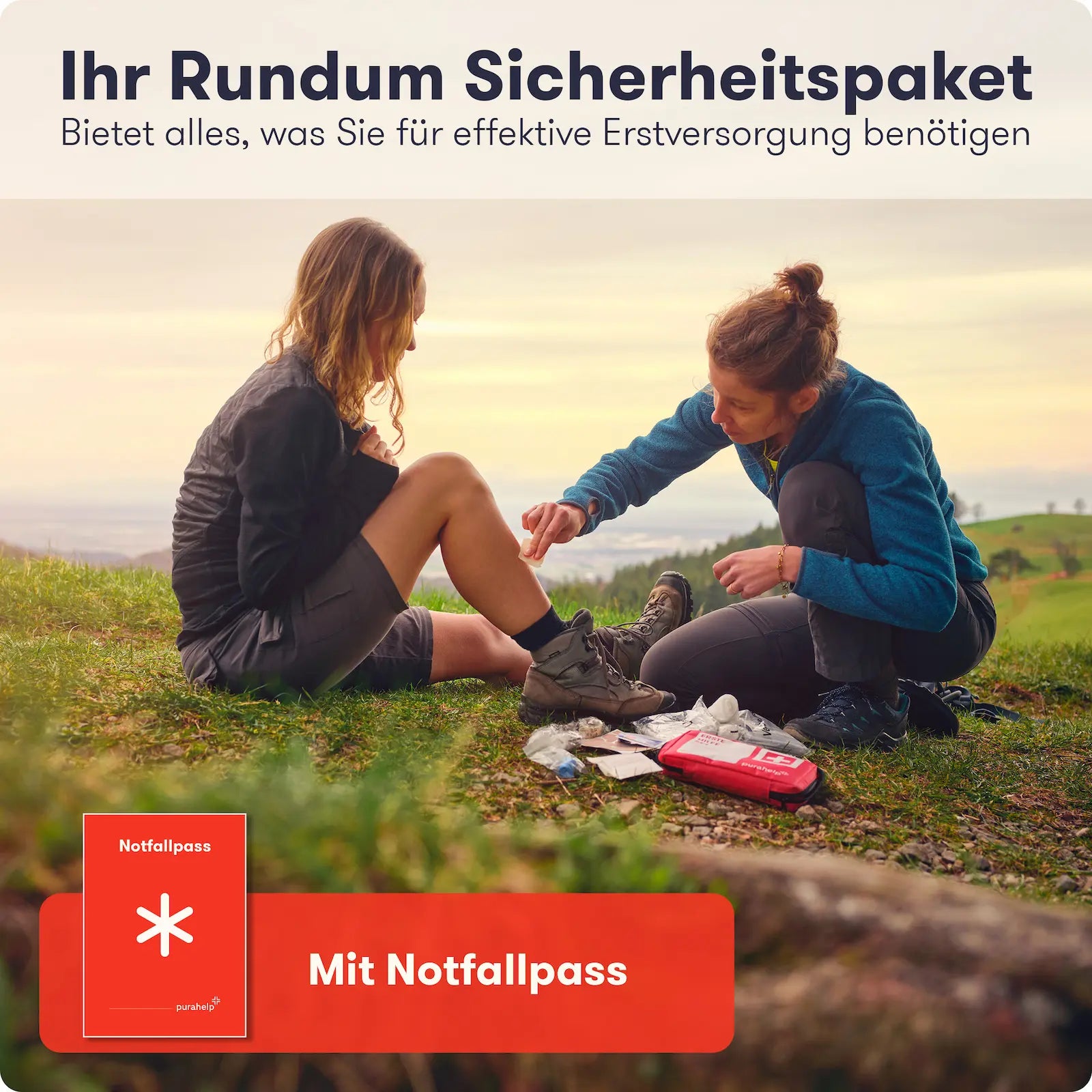 Versorgung im Gelände mit Erste-Hilfe-Set und enthaltenem Notfallpass