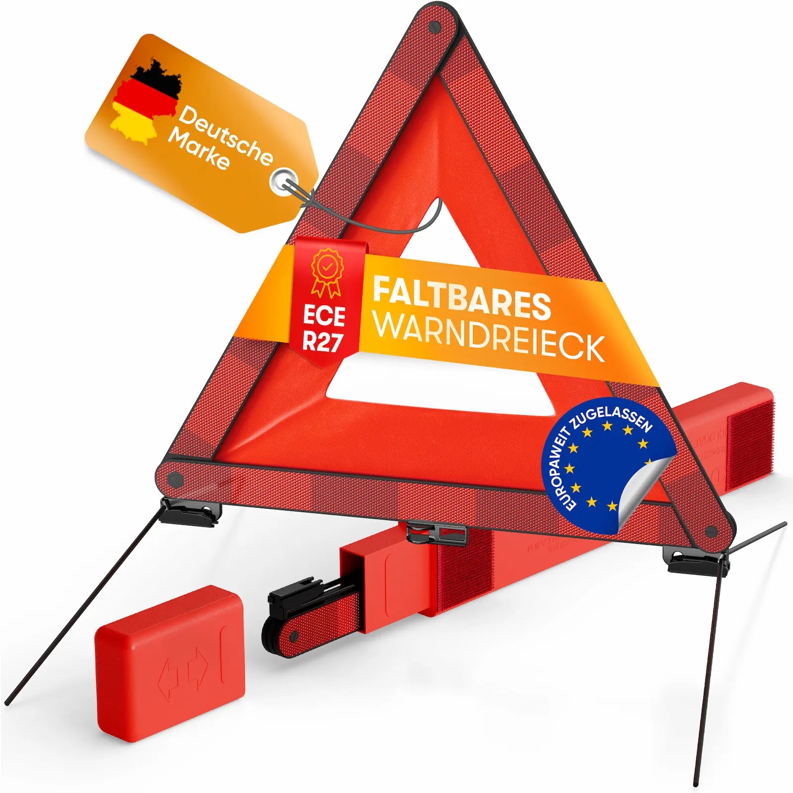 Faltbares Warndreieck gemäß ECE R27 – stabile Ausführung, EU-weit zugelassen, ideal zum Kauf als Pflichtausstattung fürs Auto