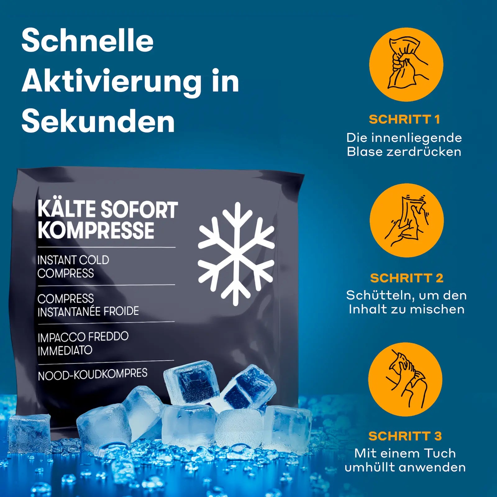 Kältekompresse Anwendung – Aktivierung in 3 Schritten: Blase drücken, schütteln, mit Tuch anwenden