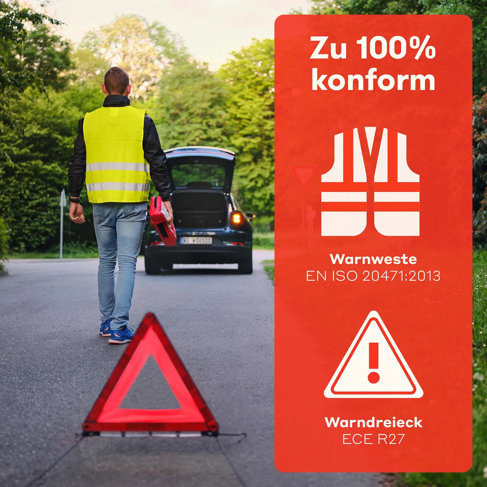 KFZ Kombitasche mit Warnweste EN ISO 20471 und Warndreieck ECE R27 konform