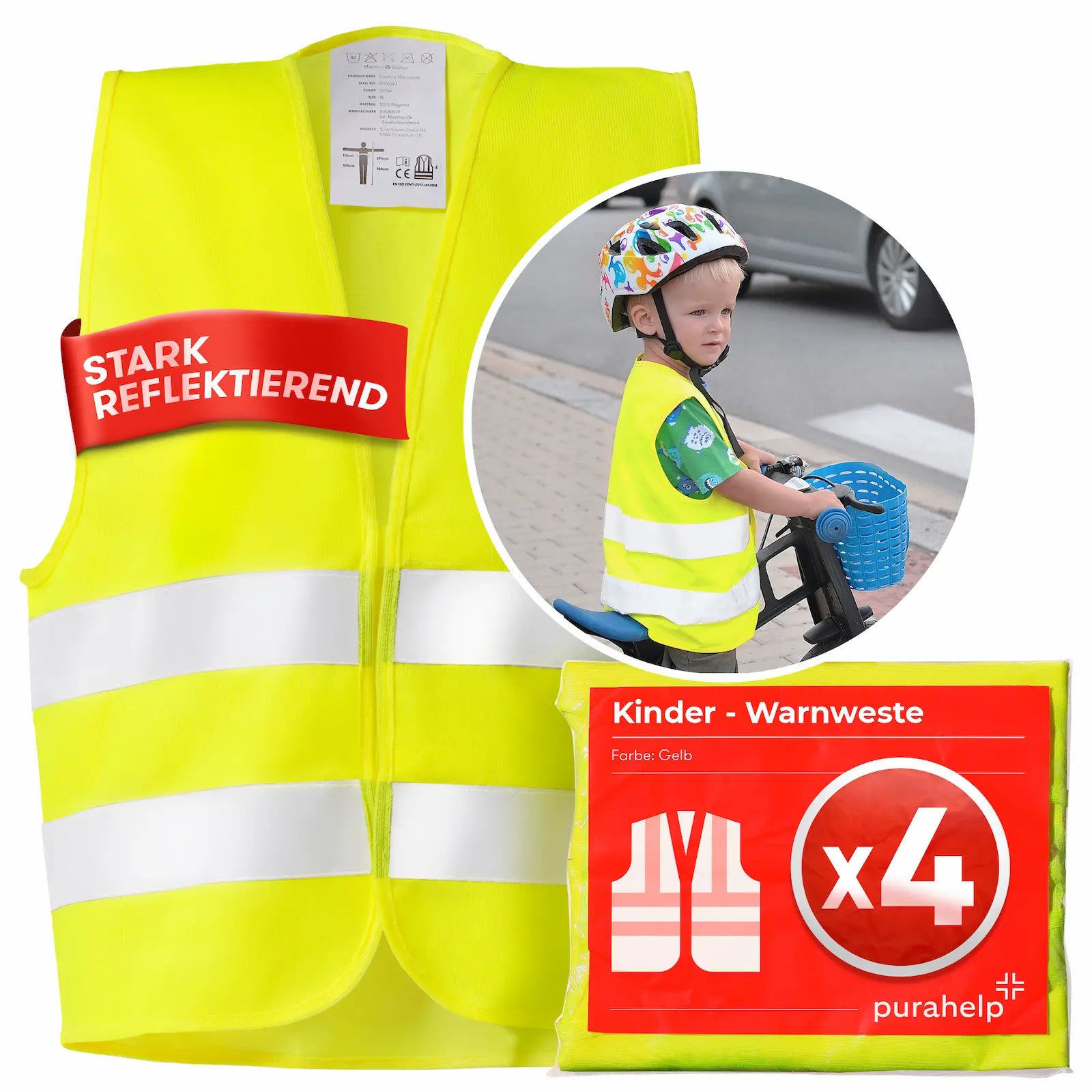 warnweste fahrrad kaufen Warnweste Kinder 4er Set Gelb 5-12 Jahre – Reflektierend & Sicher