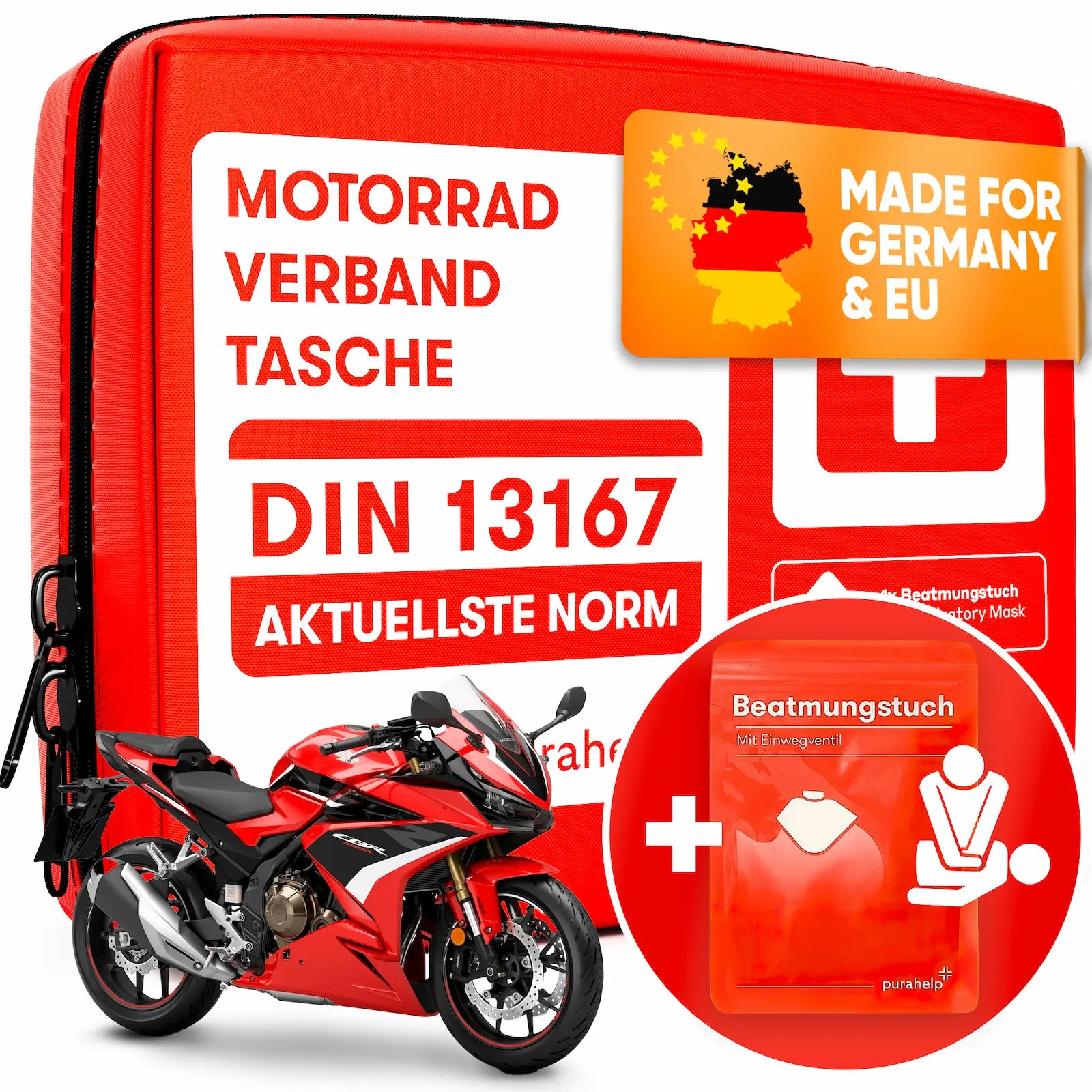 Motorrad Verbandskasten DIN 13167 mit Beatmungstuch und Einweghandschuhen von Purahelp – aktuellste Norm für Motorräder