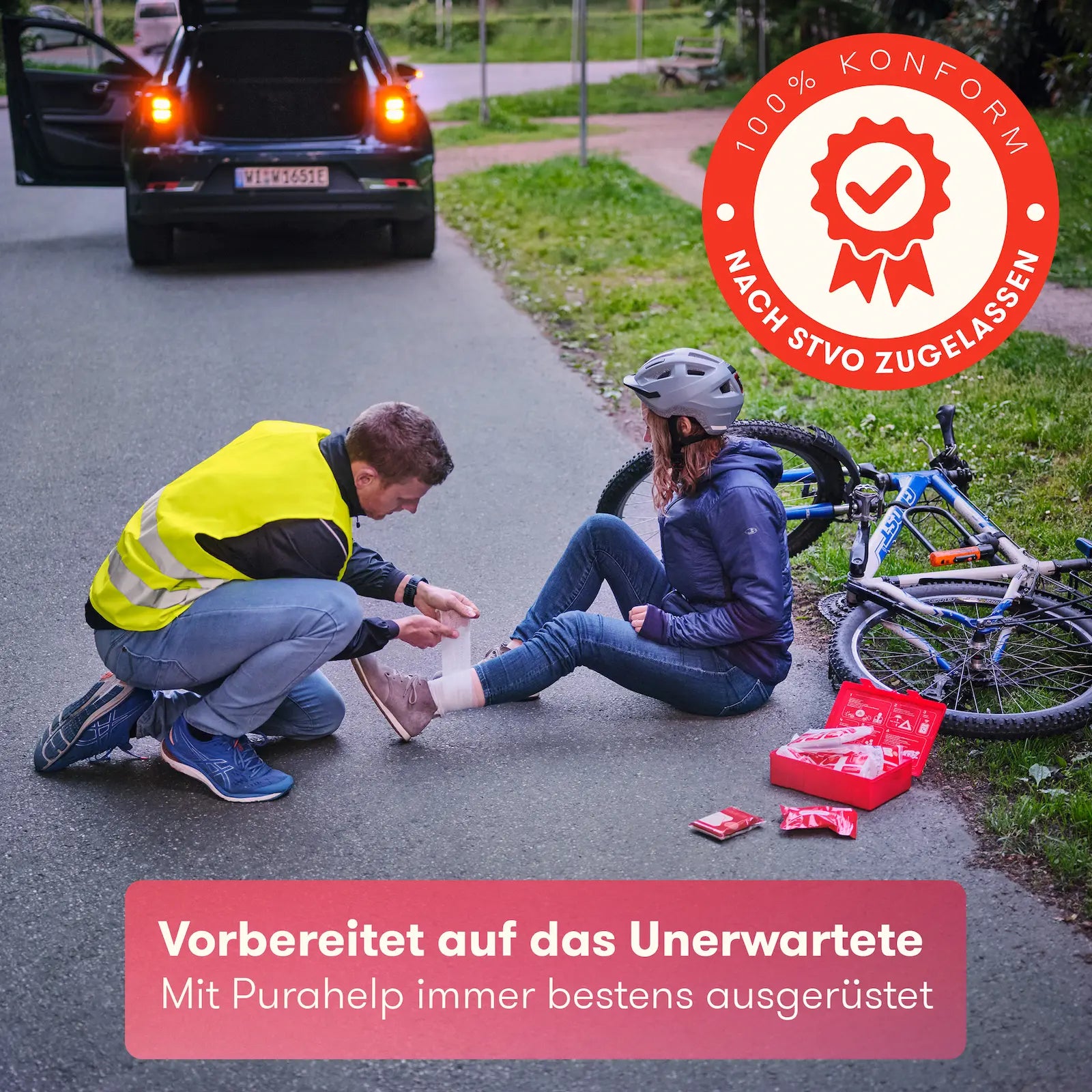 Mann legt Verband an bei Unfall – PURAHELP Erste Hilfe Kasten Auto nach DIN 13164 2025
