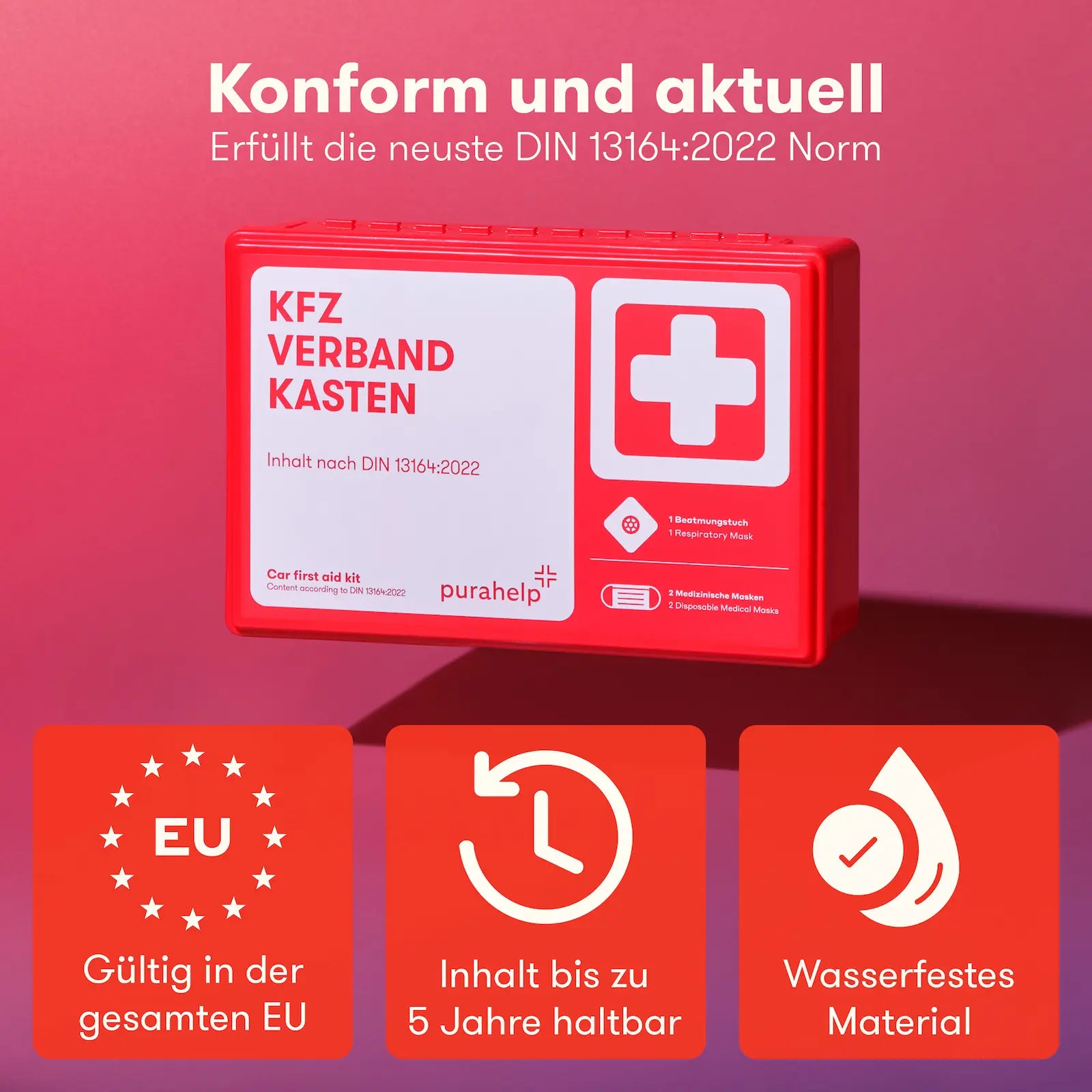 PURAHELP KFZ Verbandskasten DIN 13164 2025 – aktueller Standard, wasserfest und EU-weit gültig