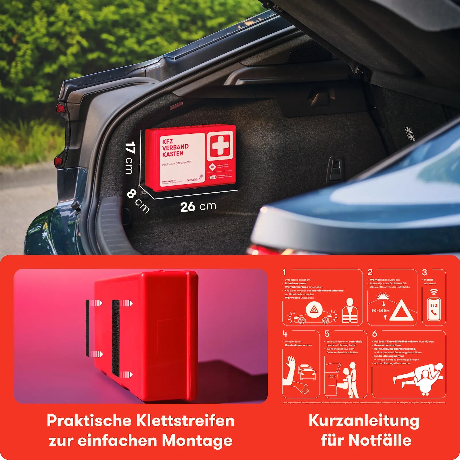 PURAHELP KFZ Verbandskasten DIN 13164:2022 – praktische Befestigung im Kofferraum mit Klettstreifen