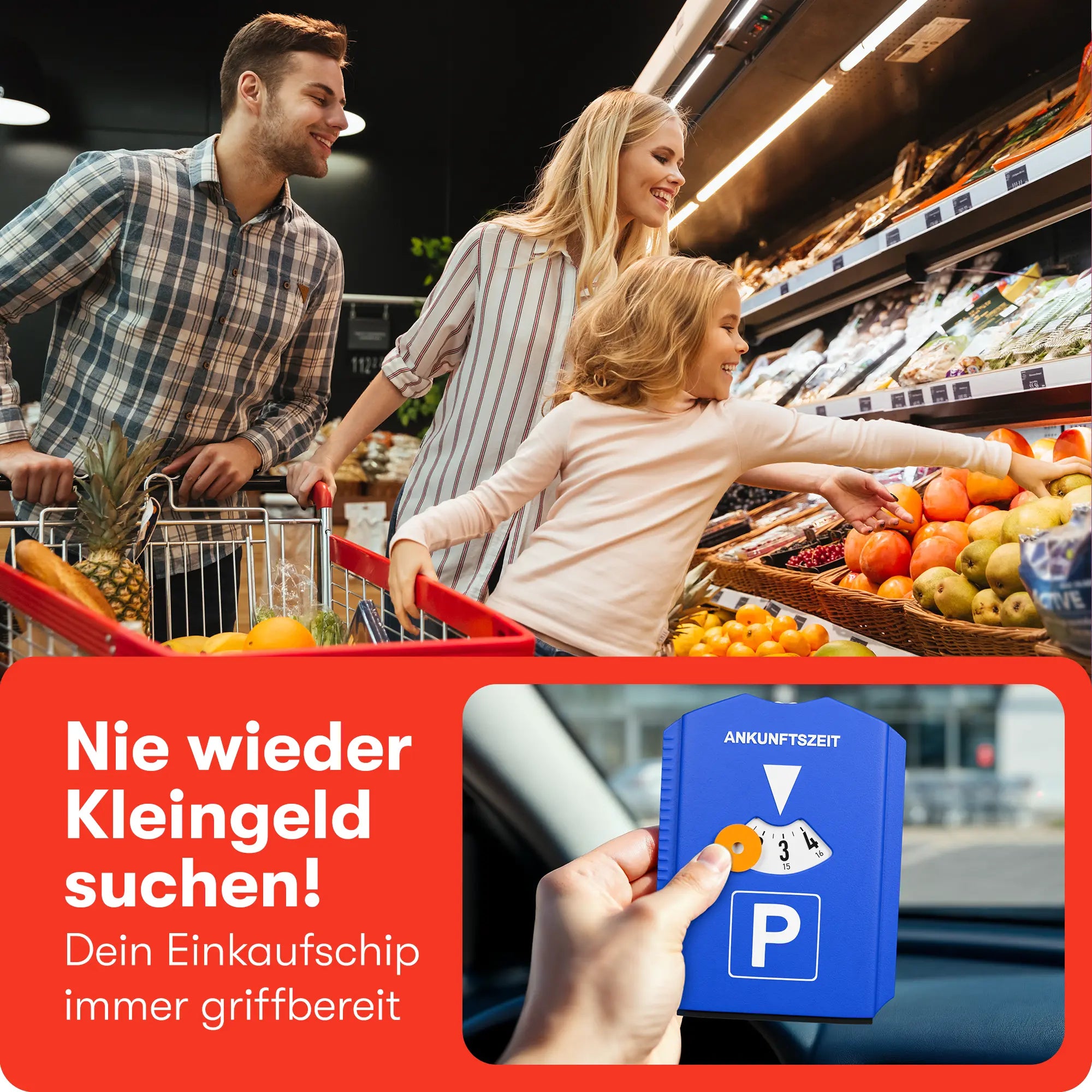 Parkscheibe mit Einkaufschip im Auto während des Einkaufs