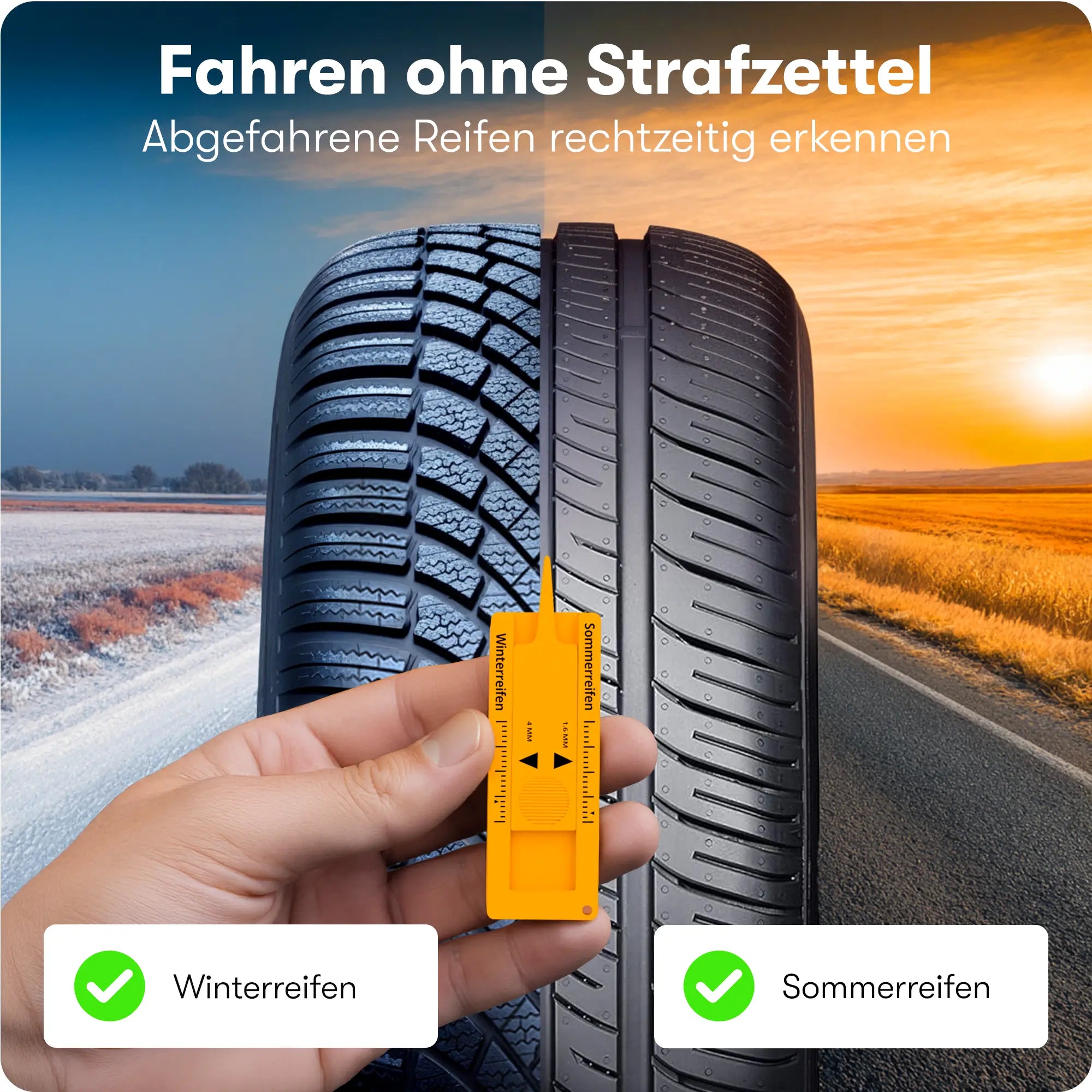 Reifenprofilmesser misst Profiltiefe an Sommer- und Winterreifen