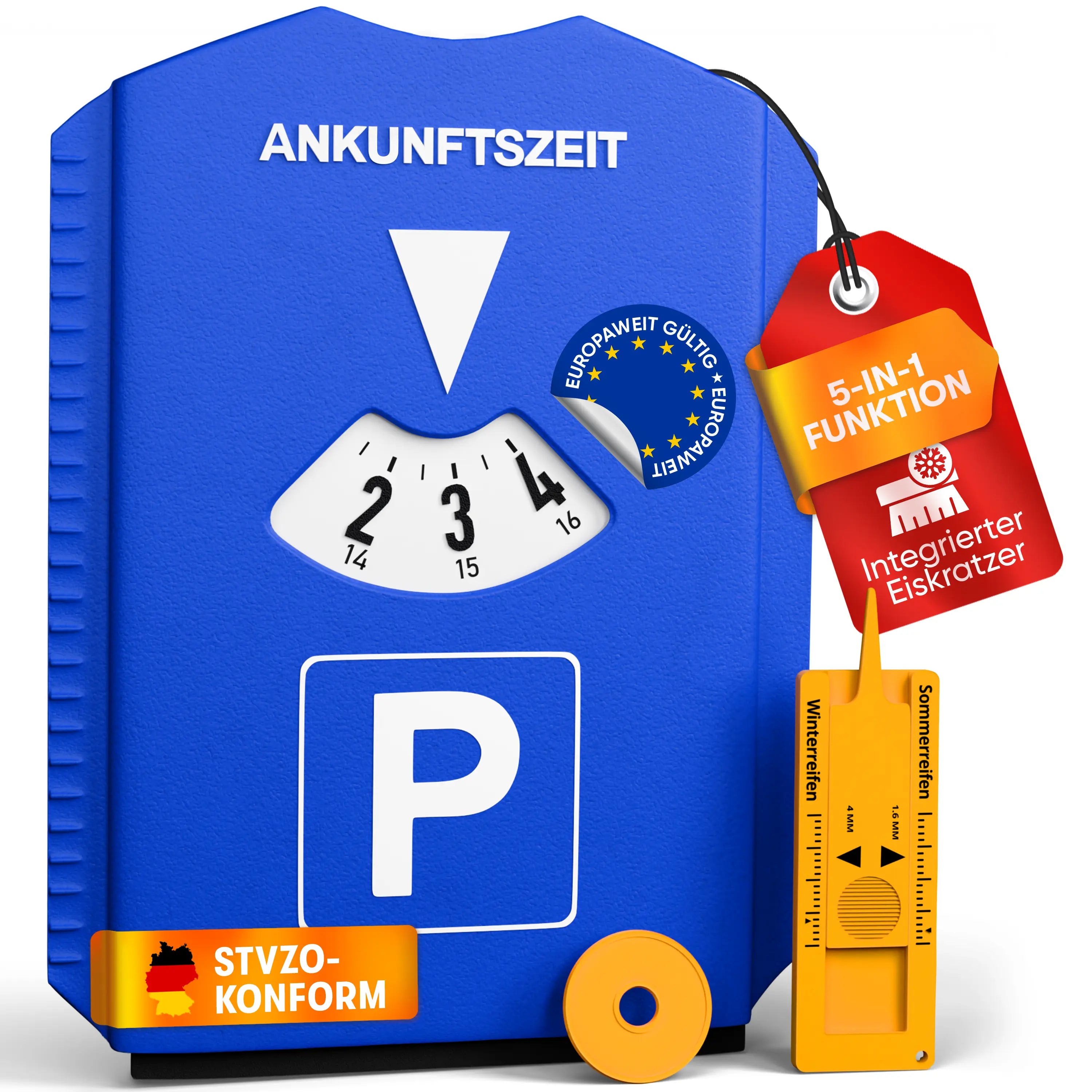 StVO-konforme blaue Parkscheibe mit klarer Ankunftszeit für Auto und Motorrad