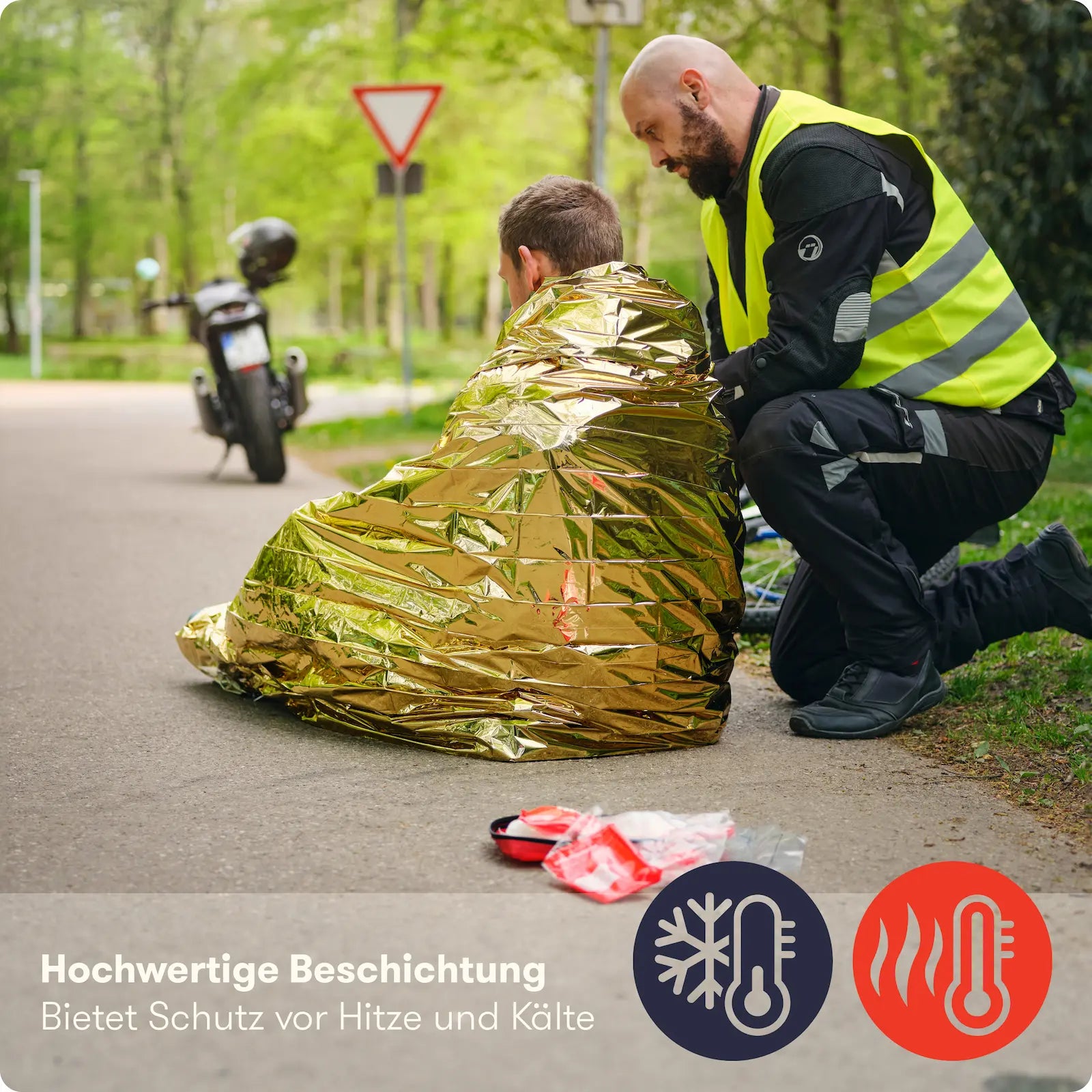 Anwendung der Rettungsdecke Gold Silber – goldene Seite nach außen für Hitzeschutz, silberne für Kälteschutz