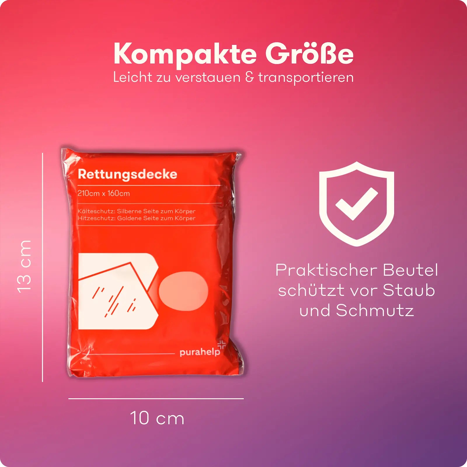Kompakte Notfalldecke – goldene/silberne Rettungsdecke platzsparend verpackt im staubdichten Beutel