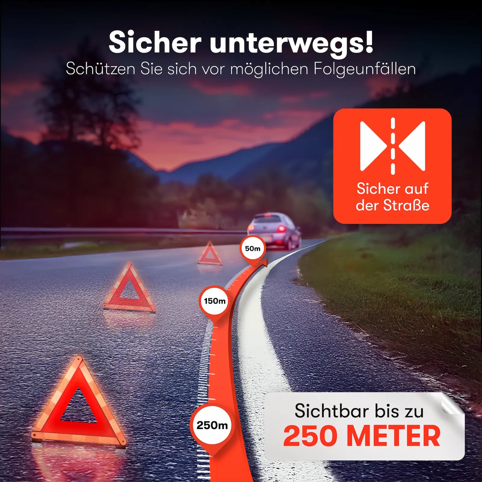 Warndreieck sichtbar bis 250 Meter – Schützt vor Folgeunfällen, ECE R27 konform