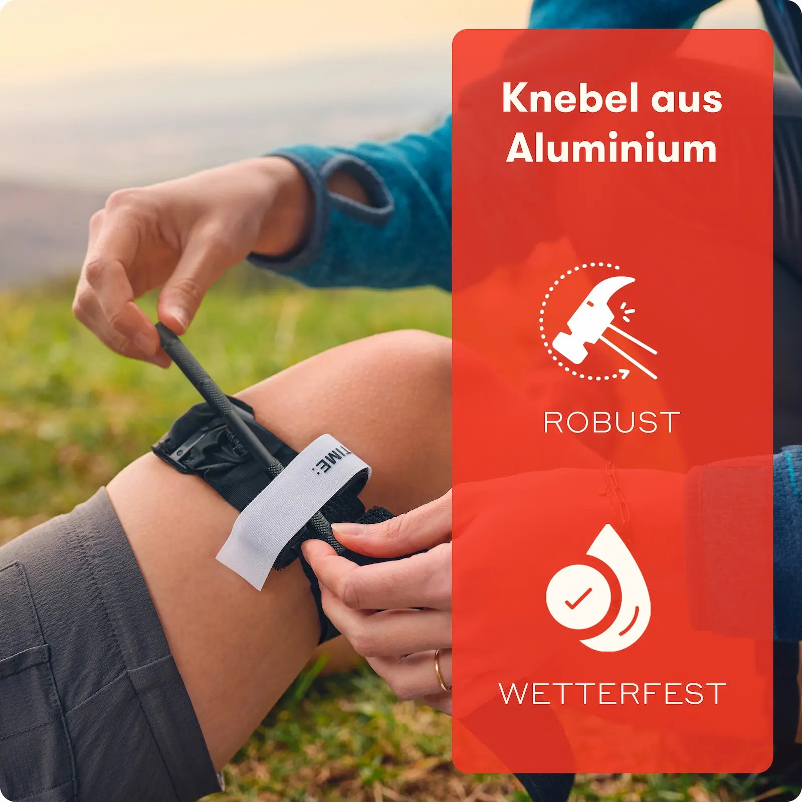 Tourniquet mit Aluminiumknebel für robuste und wetterfeste Anwendung im Notfall.