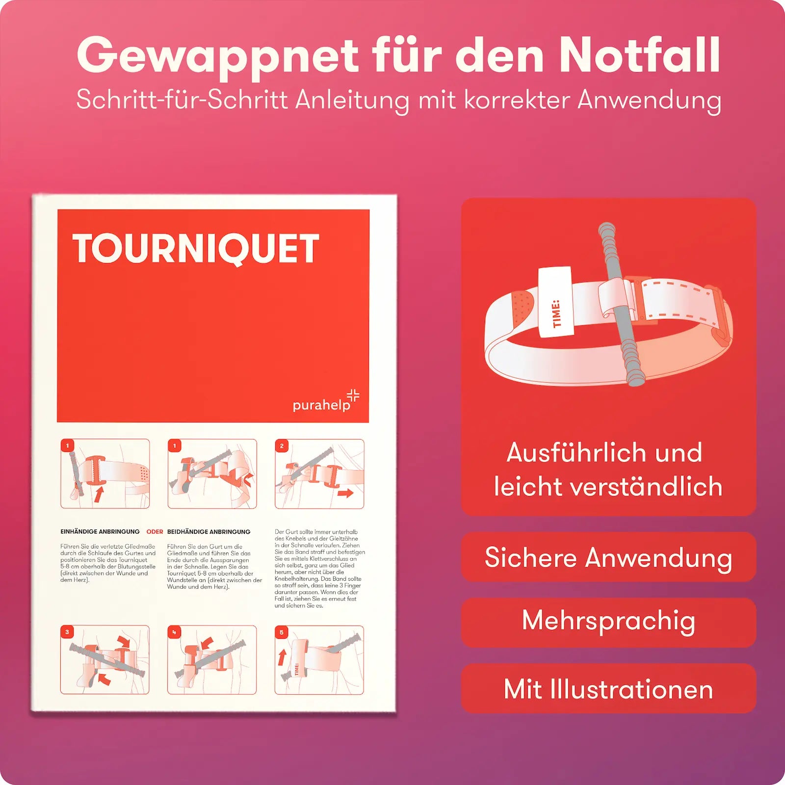 Mehrsprachige Schritt-für-Schritt-Anleitung zur Tourniquet-Anwendung mit Illustrationen