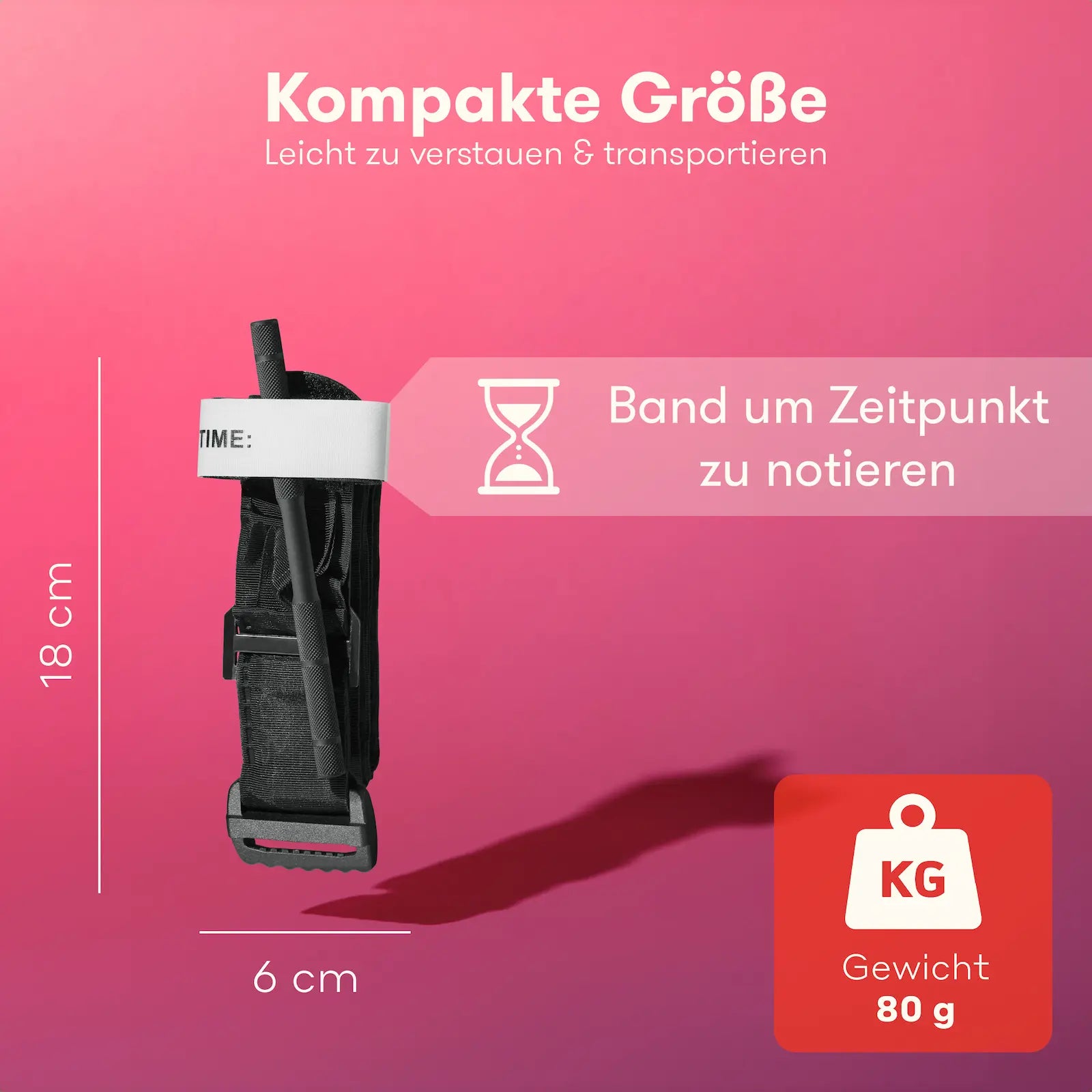 Kompaktes Tourniquet mit Zeitnotiz-Band, ideal zum Mitnehmen bei Outdoor-Aktivitäten