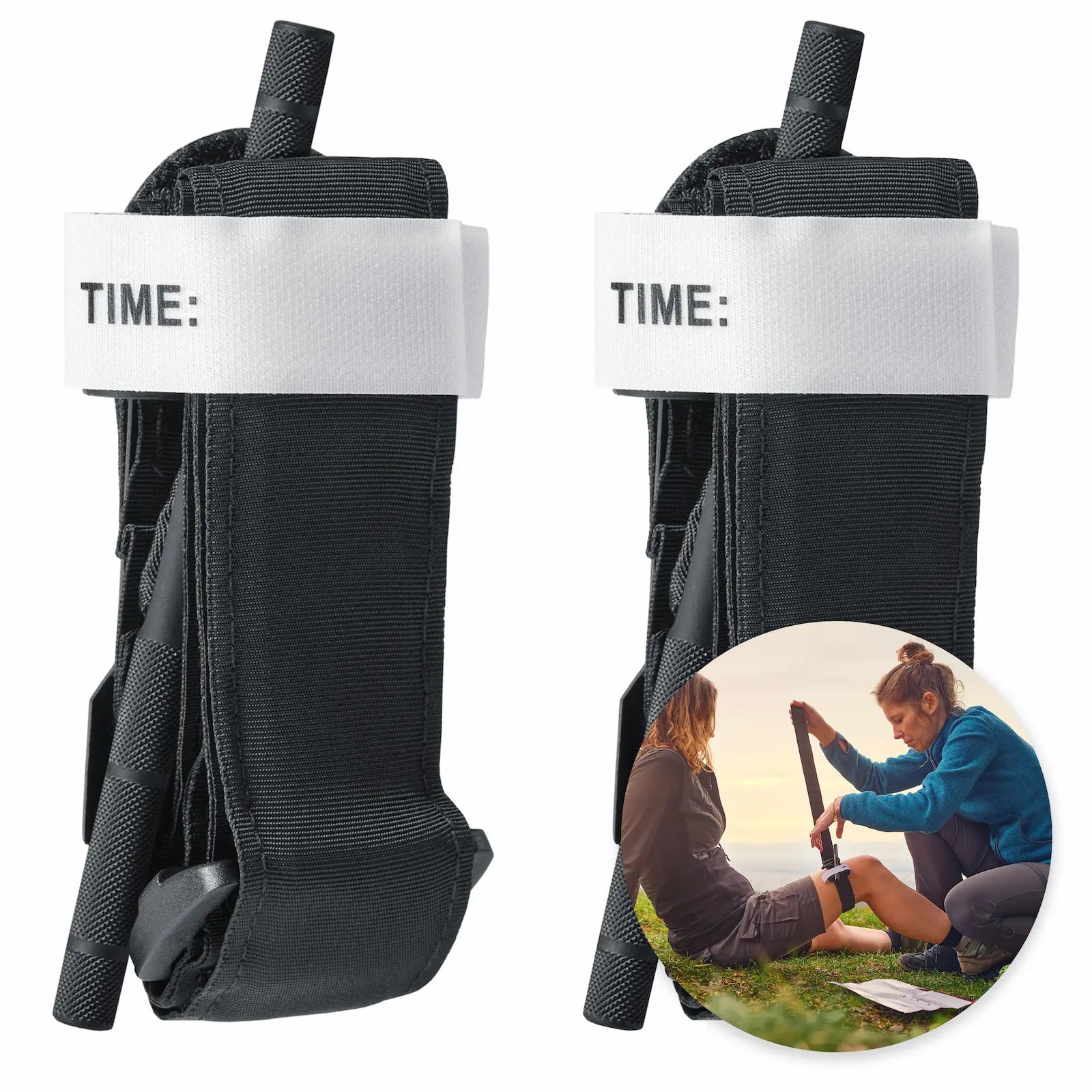 Zwei Tourniquets mit Beispielanwendung im Notfall, ideal für Outdoor und Erste Hilfe.