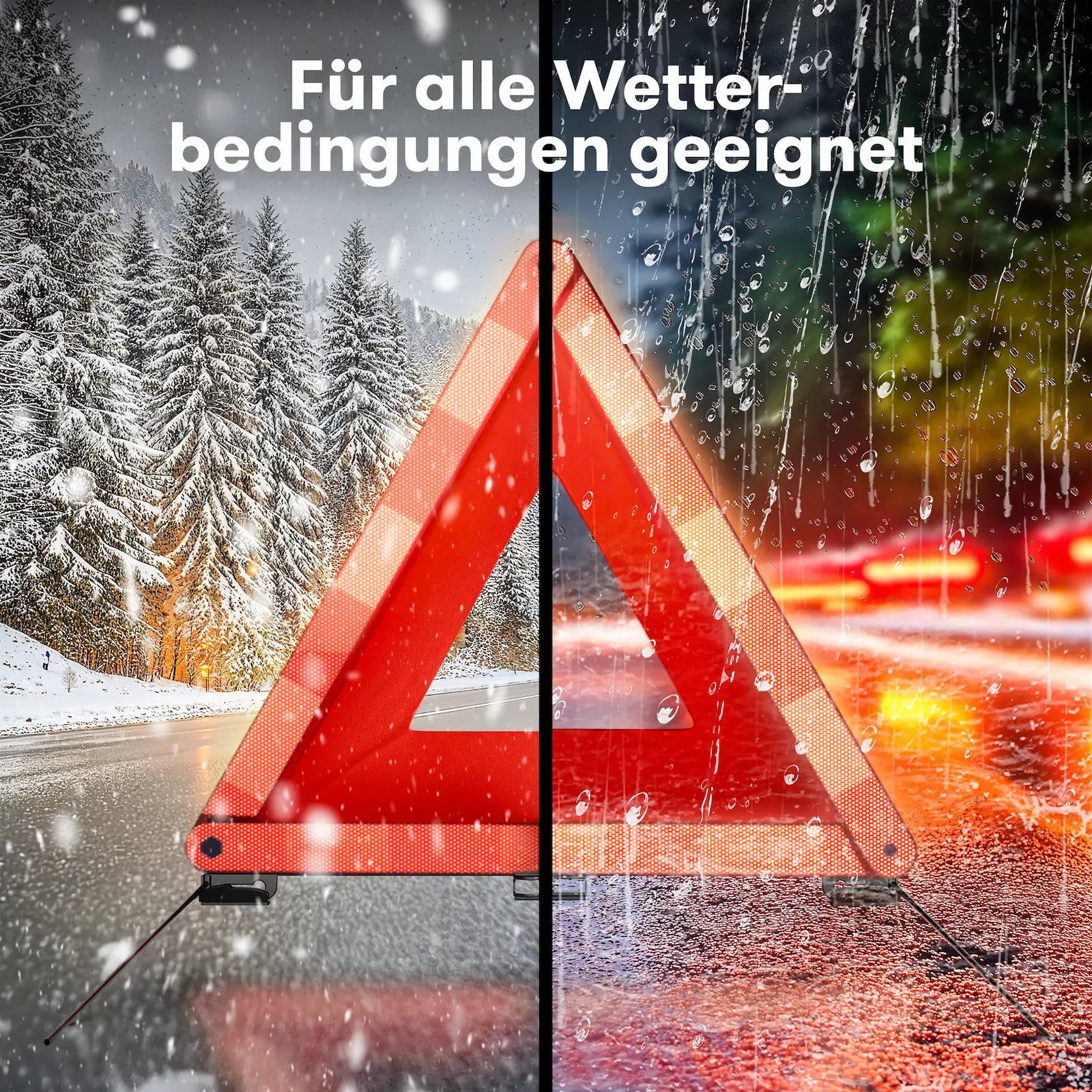 Reflektierendes Warndreieck von PURAHELP bei Schnee und Regen – zuverlässige Sichtbarkeit bei jedem Wetter und Windverhältnissen