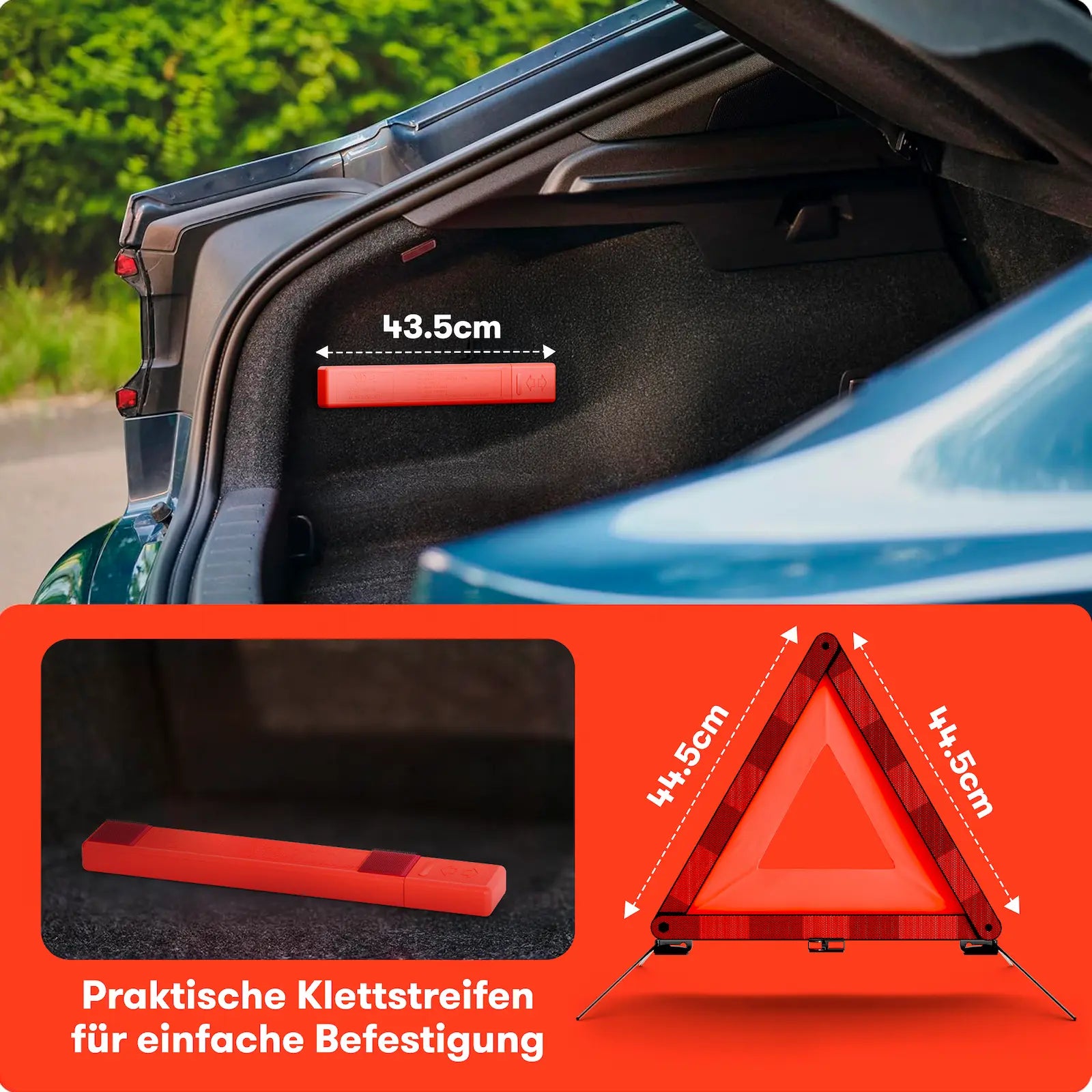Kompaktes Warndreieck mit Klettbefestigung – sicher verstaut im Auto, schnell einsatzbereit bei Notfällen im Straßenverkehr