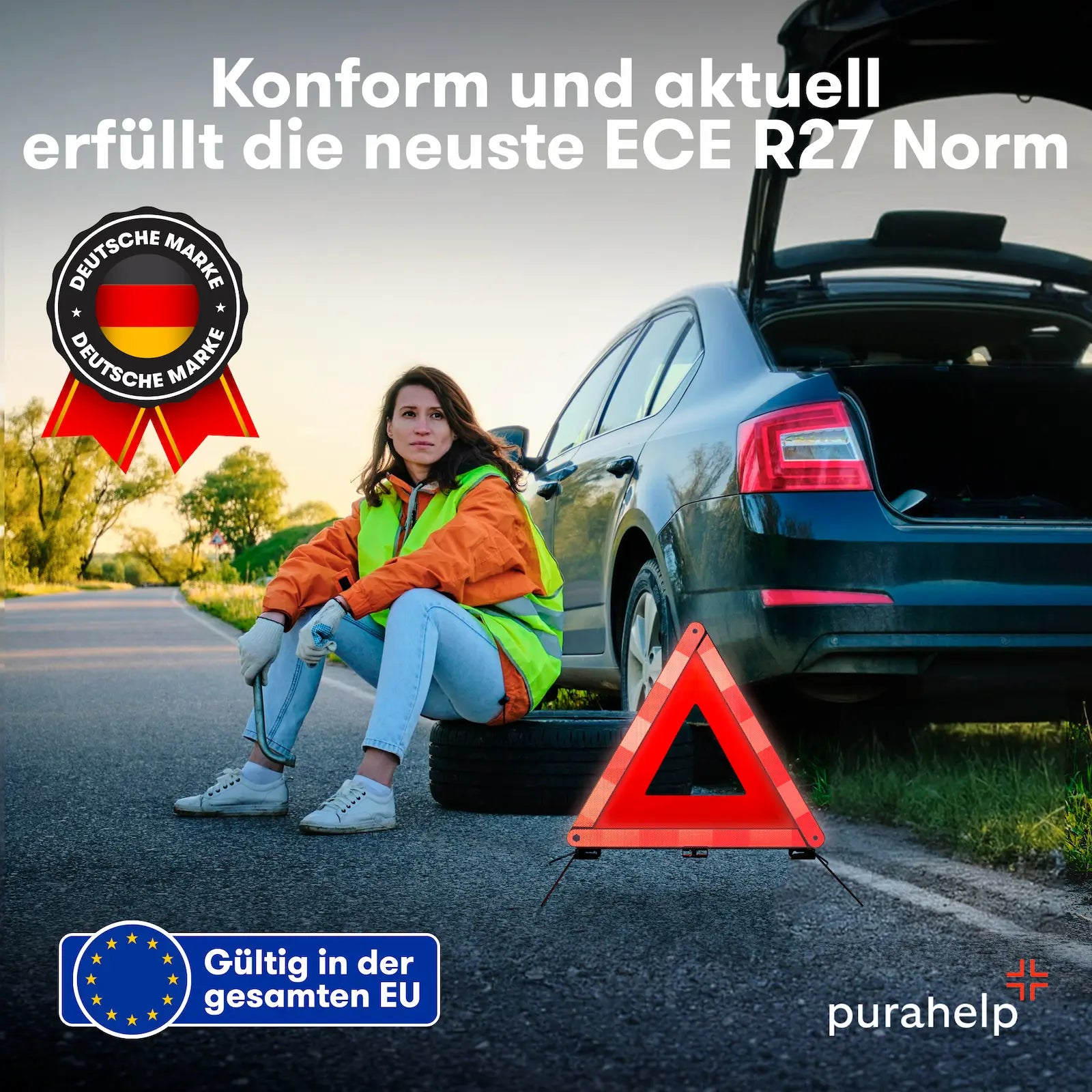 Warndreieck nach ECE R27 Norm mit EU-Zulassung – gesetzeskonform, geprüft und sicher bei Panne oder Unfall im Straßenverkehr