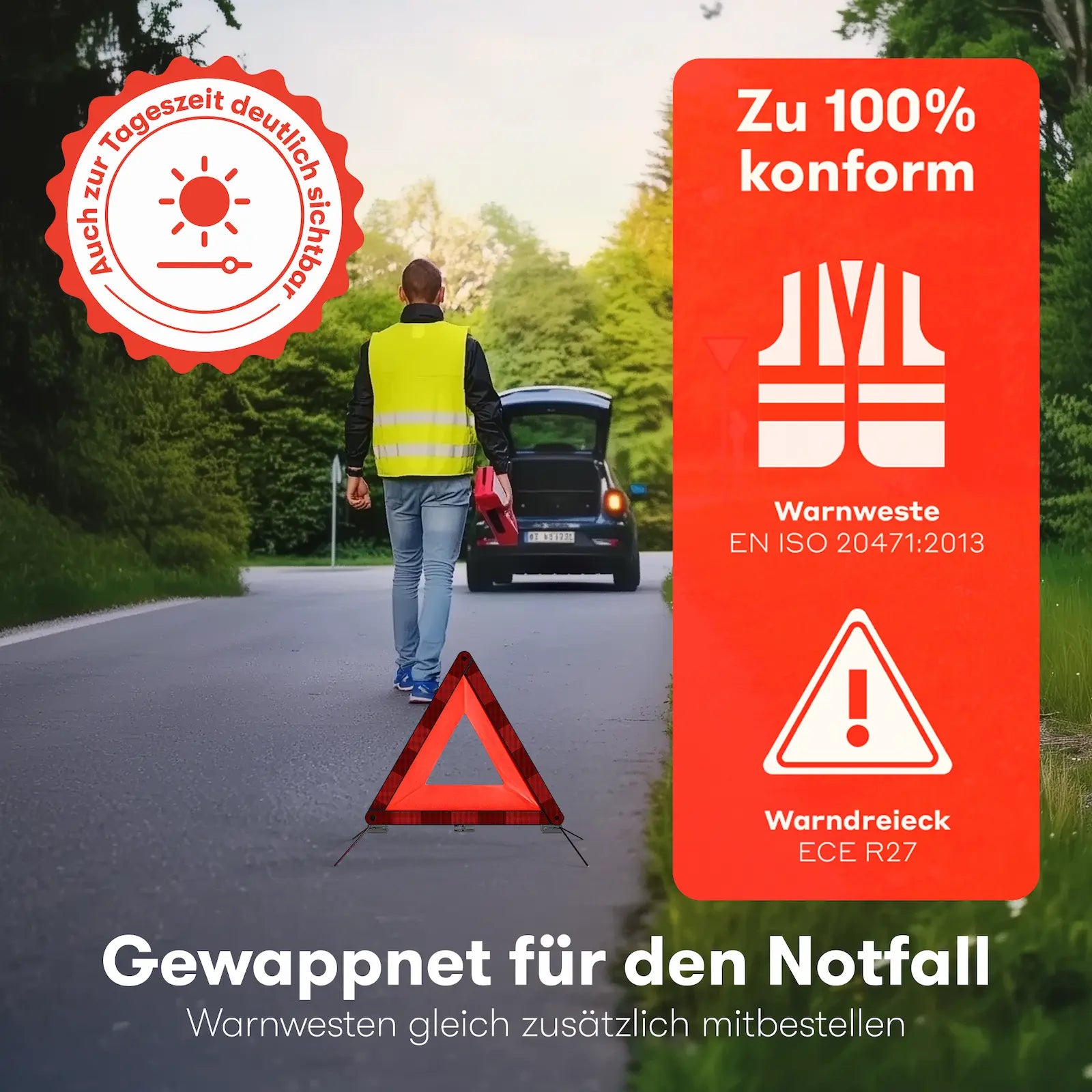 Warndreieck + Warnweste nach EN ISO 20471:2013 – Für Notfälle vorbereitet
