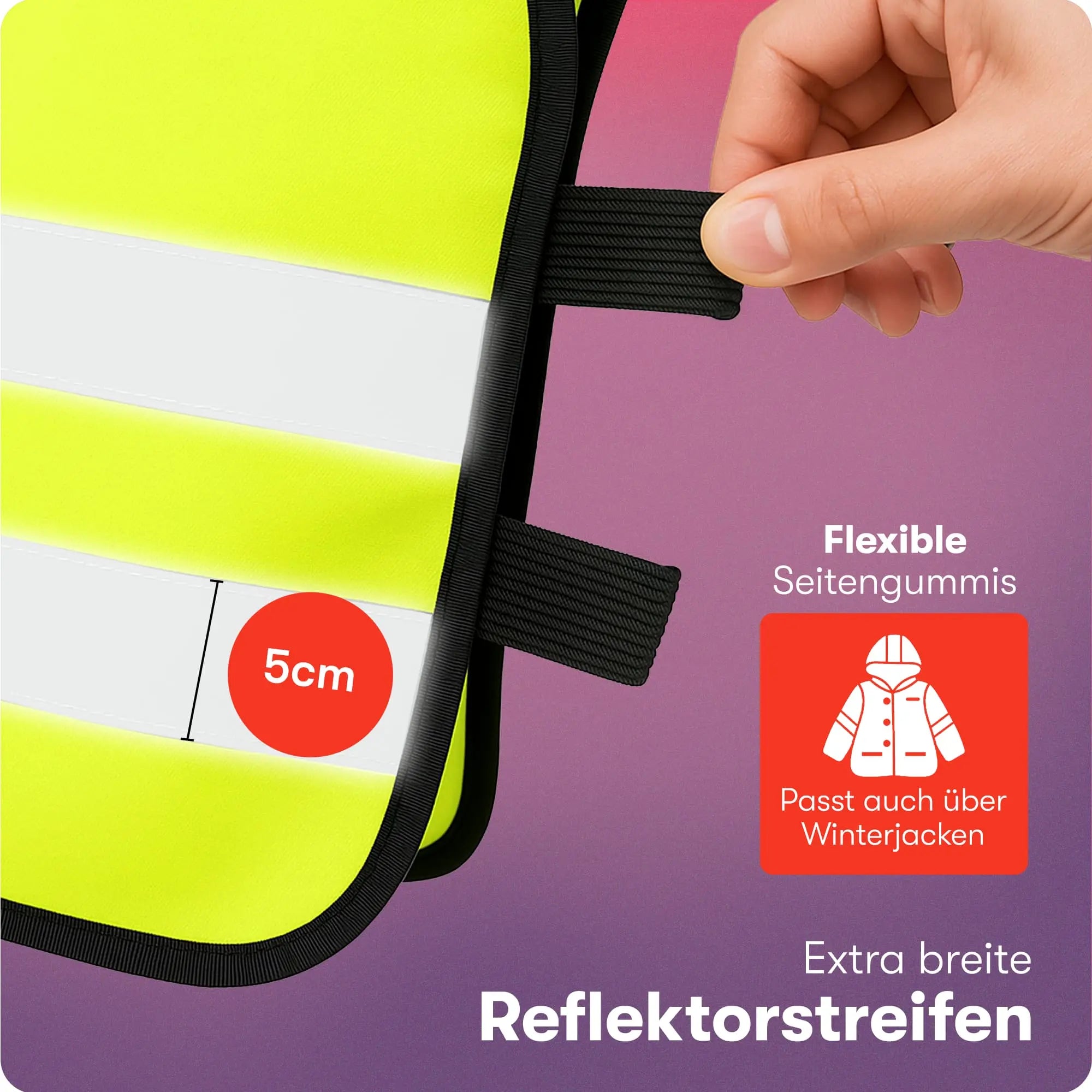 Detailaufnahme elastischer Seitengummis und breiter Reflektorstreifen.