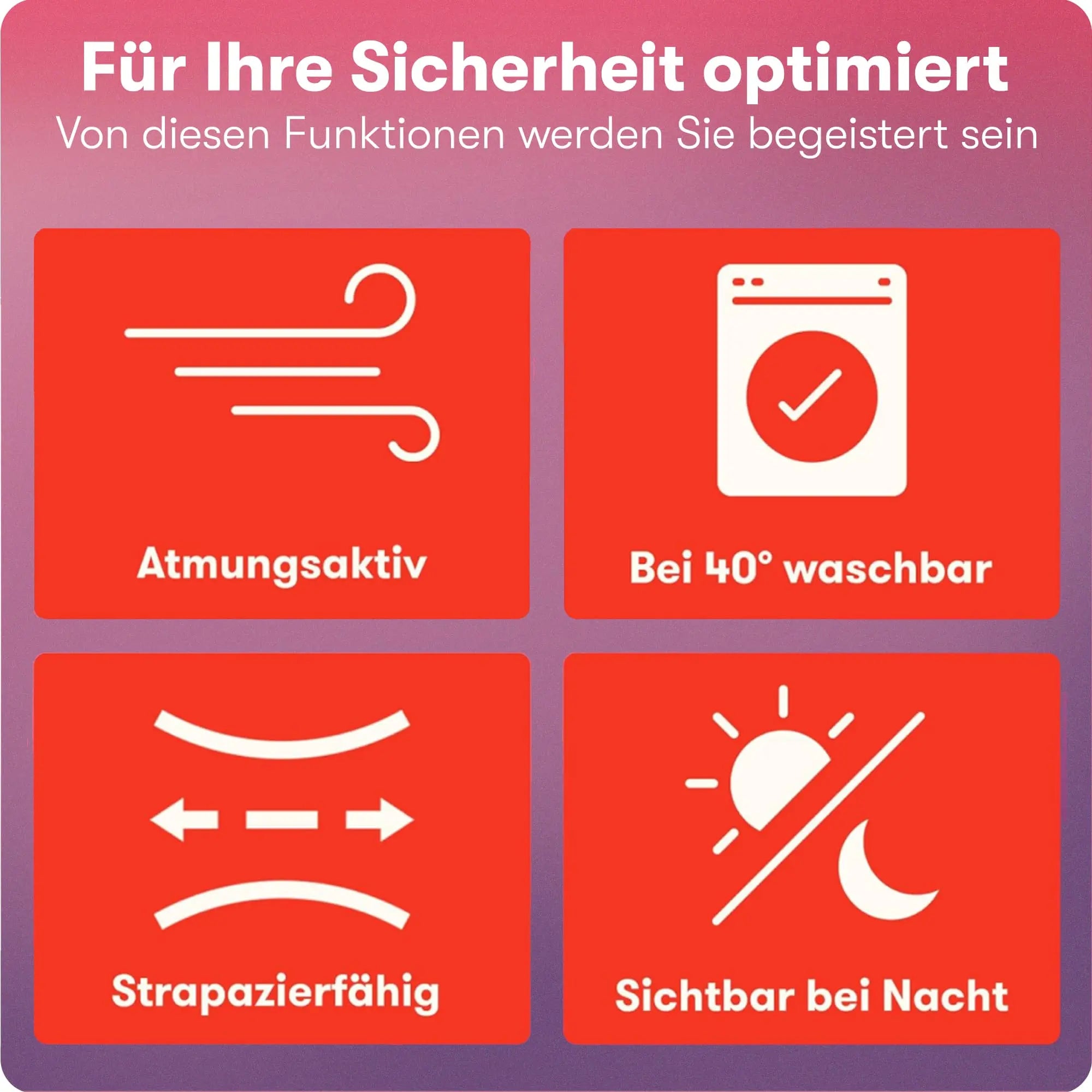 Übersicht der Funktionen wie atmungsaktiv, waschbar und sichtbar bei Nacht.