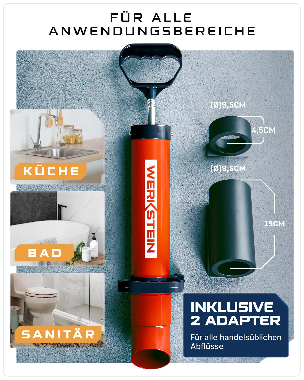 WERKSTEIN Rohrreinigungspumpe mit zwei Adaptern für Küche, Bad und Sanitärbereich