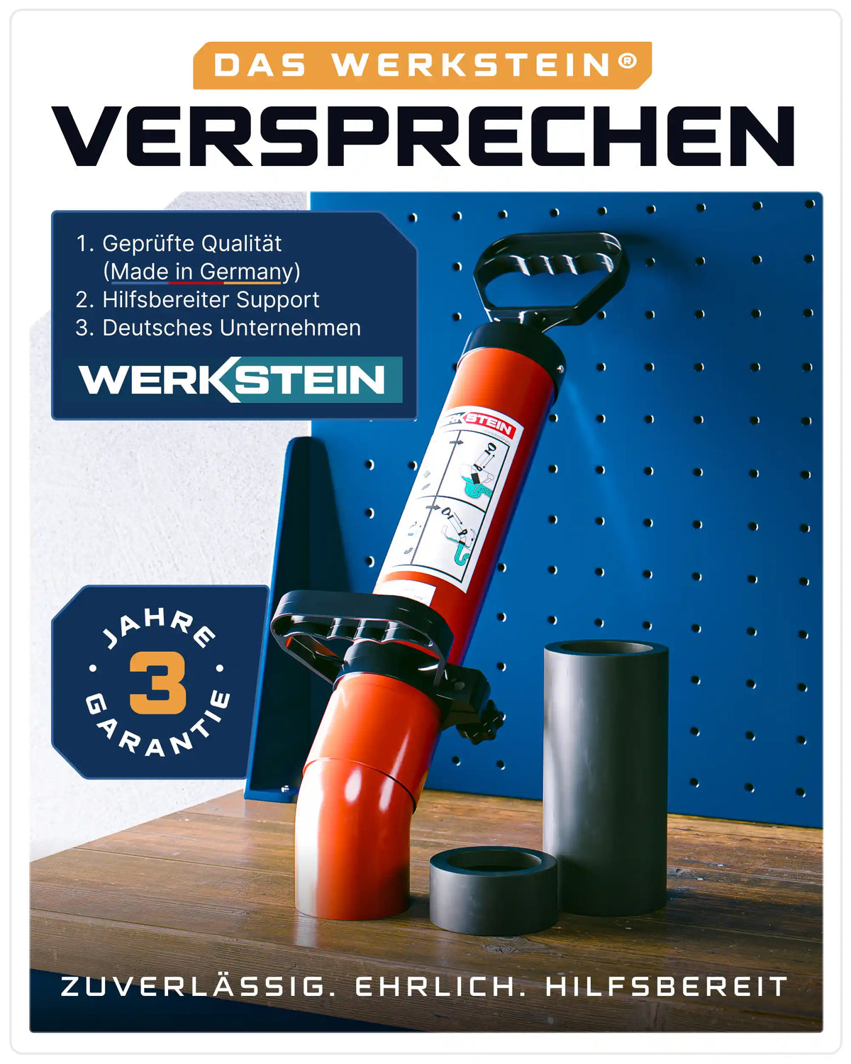 WERKSTEIN Rohrreinigungspumpe mit zwei Adaptern und Made-in-Germany-Hinweis