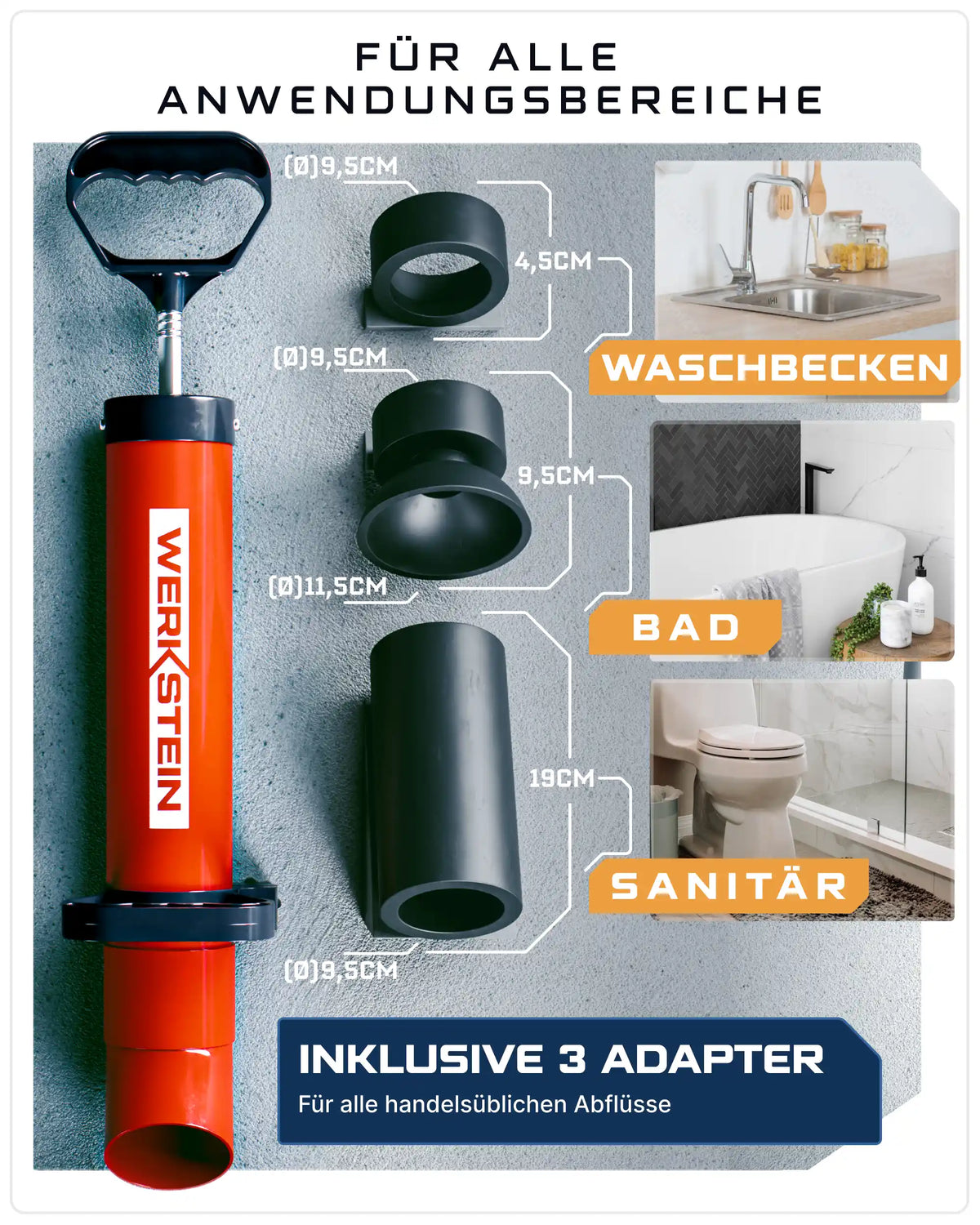 WERKSTEIN Rohrreinigungspumpe mit drei Adaptern für Waschbecken, Bad und WC