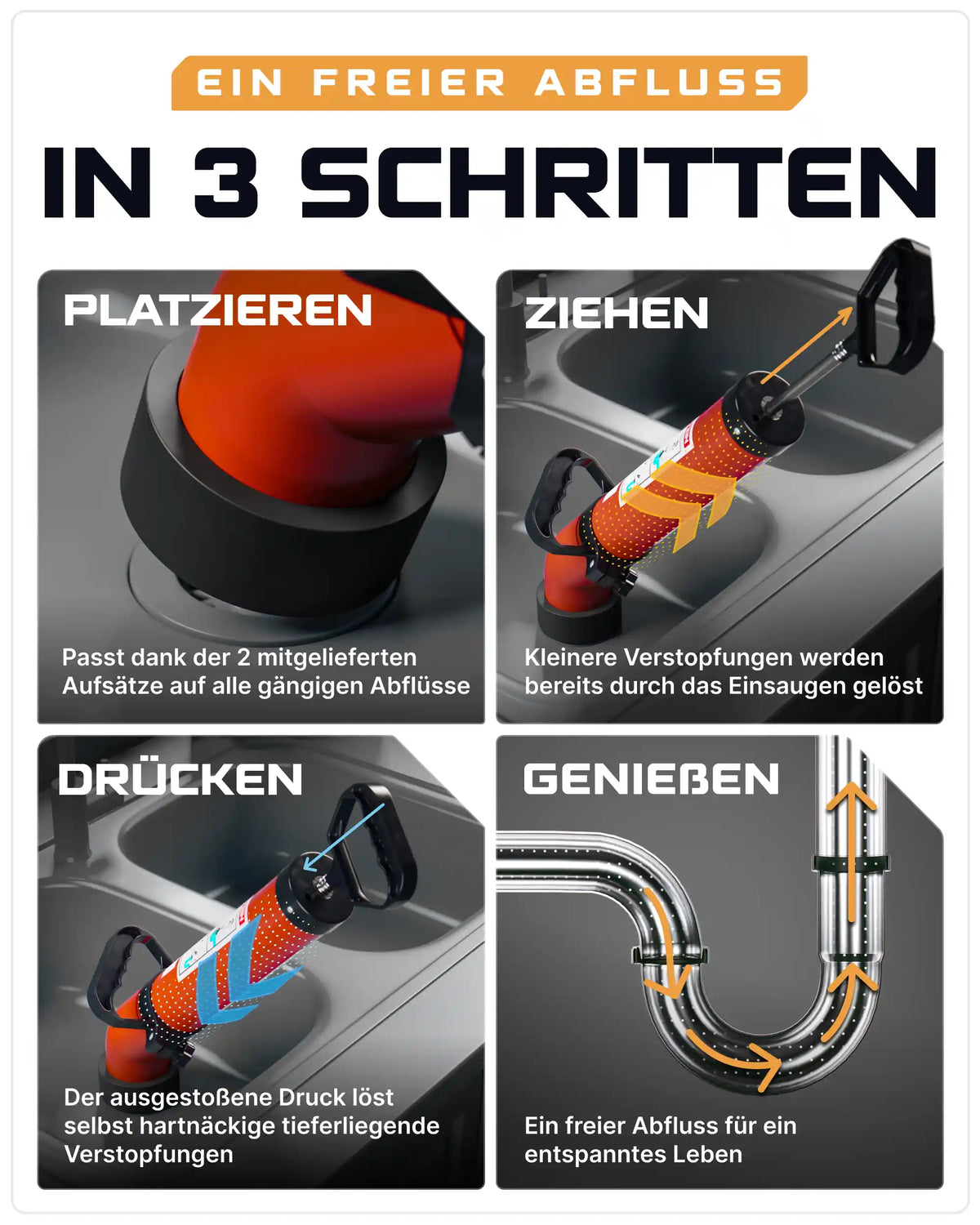 WERKSTEIN Rohrreinigungspumpe beim Platzieren, Ziehen und Drücken am Küchenabfluss